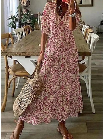 Women's Printed A-Line Midi Dress with Lantern Sleeves and V-Neckline for Relaxed Daywear | Koossa