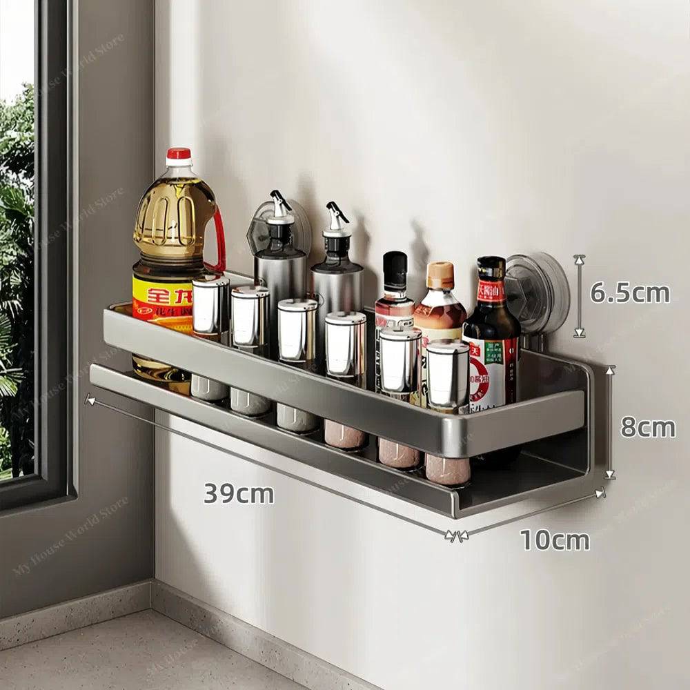 Stainless Steel Wall Shelf Suction Cup Spice Rack No-Drill Kitchen Storage Adjustable 12-20 Inch Organizer for Bathroom Pantry Cooking | Lonoma
