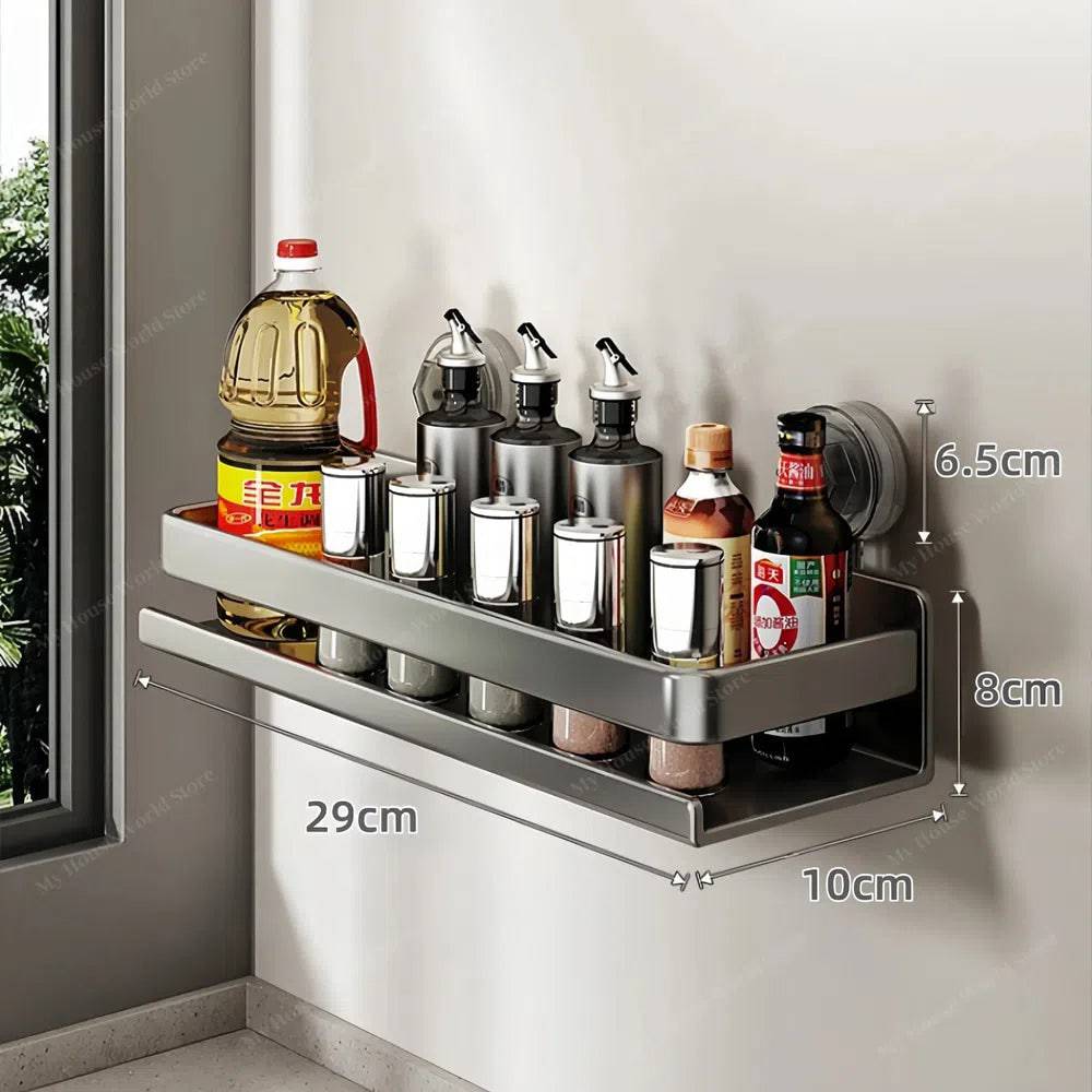 Stainless Steel Wall Shelf Suction Cup Spice Rack No-Drill Kitchen Storage Adjustable 12-20 Inch Organizer for Bathroom Pantry Cooking | Lonoma
