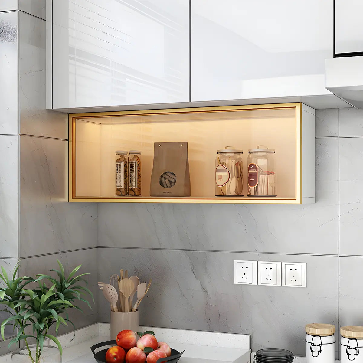 Vitrine Murale avec Porte Vitrée Blanc Gris 5 Tailles LED Rangement Aérien Cuisine Salon Élégant Moderne | Koossa