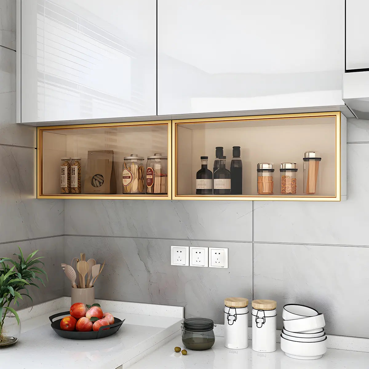 Vitrine Murale avec Porte Vitrée Blanc Gris 5 Tailles LED Rangement Aérien Cuisine Salon Élégant Moderne | Koossa