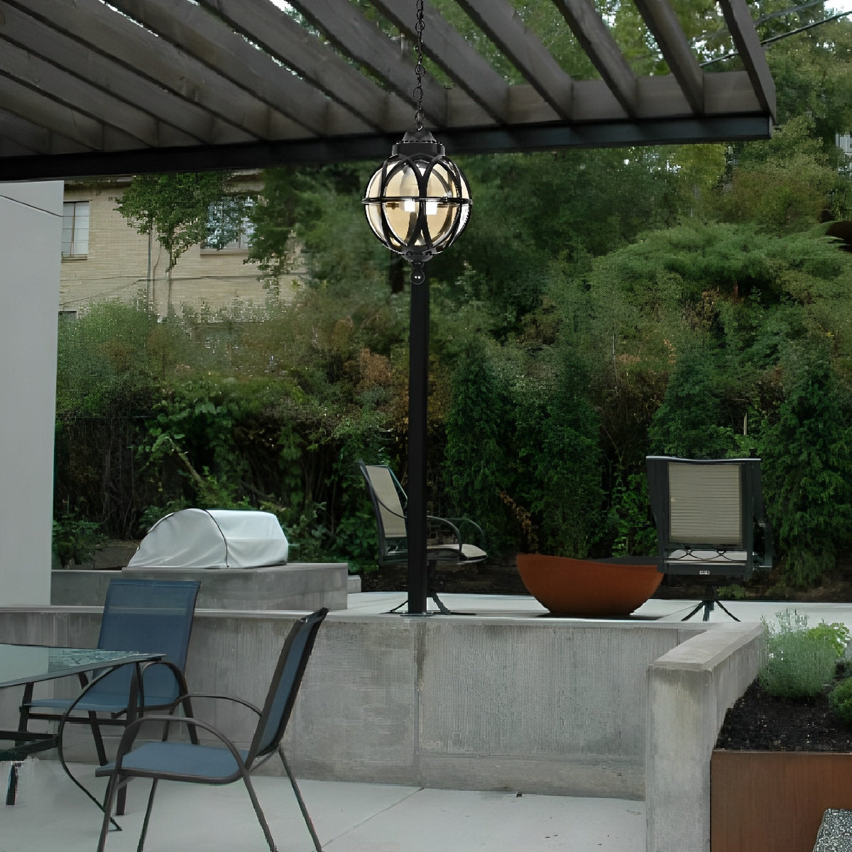 Suspension extérieure globe en aluminium noir E27 pour jardin terrasse balcon éclairage vintage ambiance rétro | Koossa