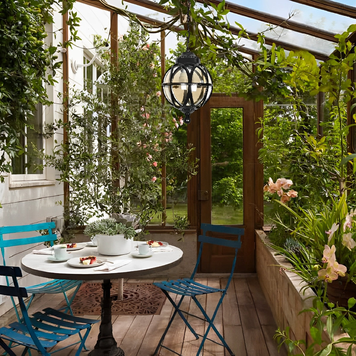 Suspension extérieure globe en aluminium noir E27 pour jardin terrasse balcon éclairage vintage ambiance rétro | Koossa