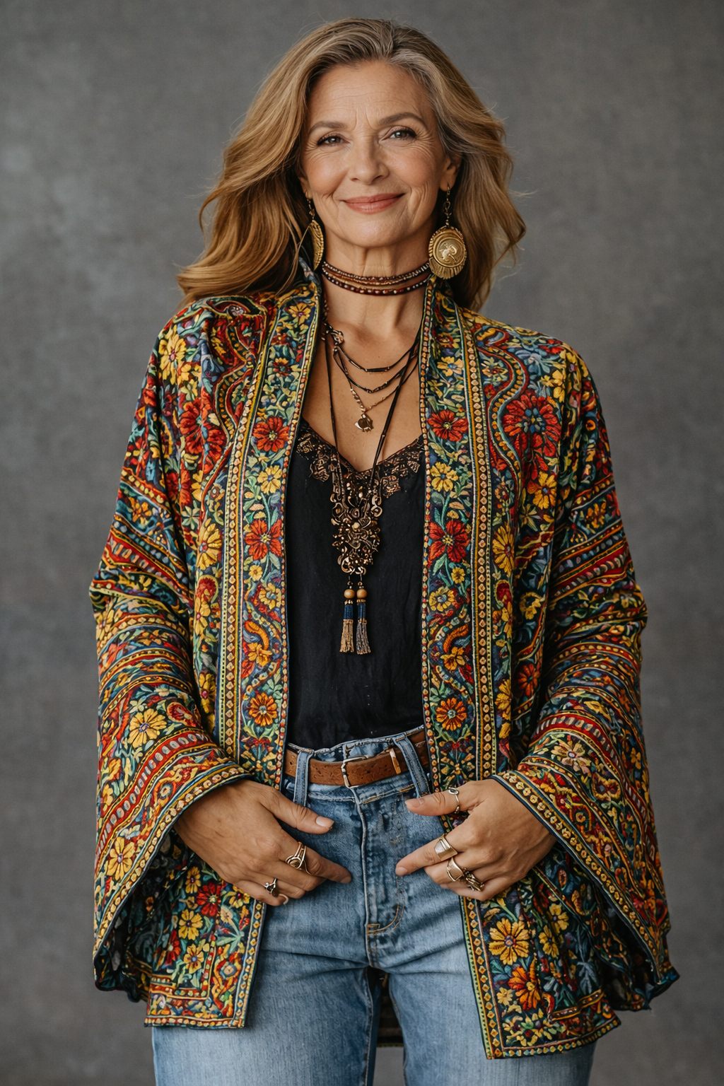 Women's Bohemian Open-Front Cardigan with Tapestry Pattern in Velvet-Touch Fabric | Elegant Layering Piece with Wide Sleeves | Koossa
