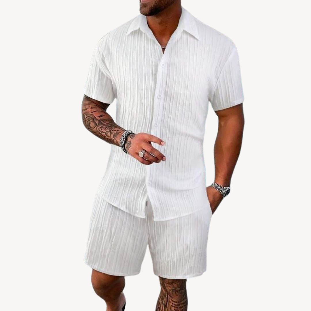 Men's Coordinated Linen-Blend Shirt and Shorts Set in Natural Tones for Relaxed Summer Days | Koossa