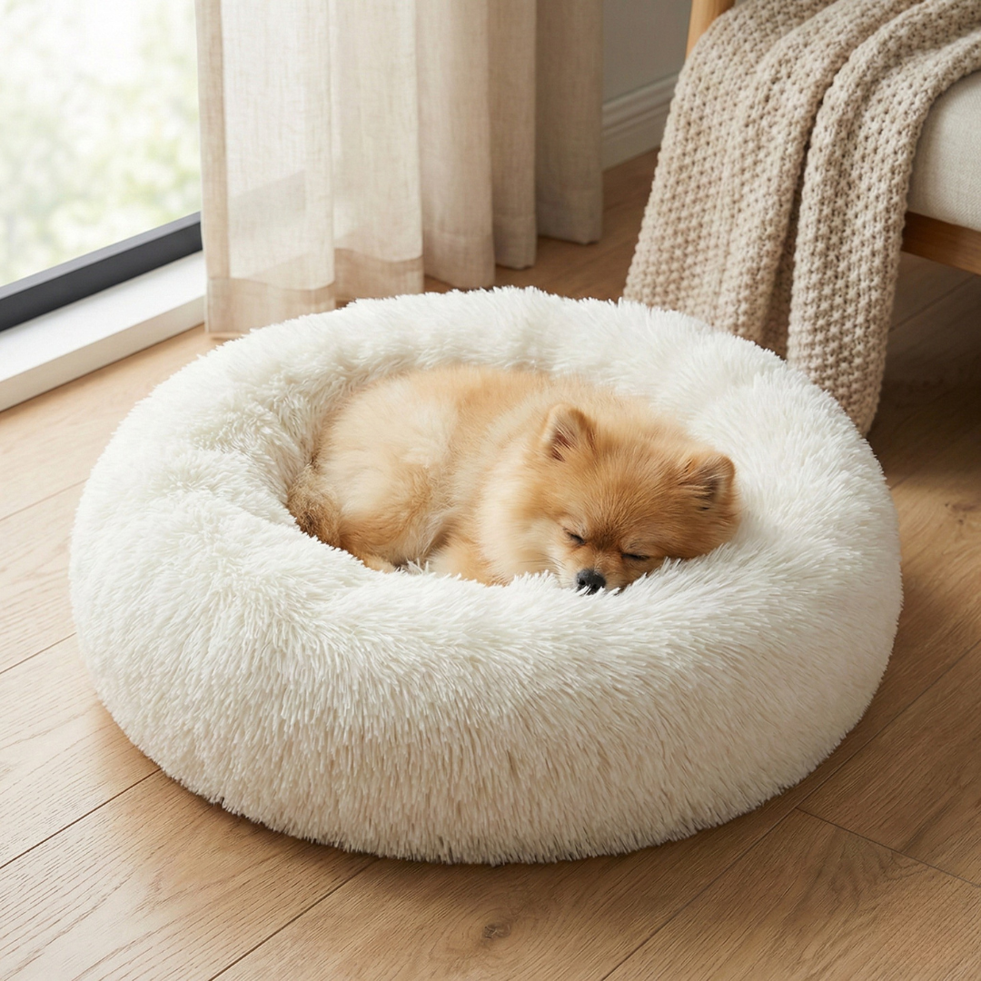 Dog Calming Bed Plush Donut Round Washable Cover Large Medium Anti-Anxiety Nesting Dog Bed Fluffy Shaggy Grey Curl-Up | Koossa