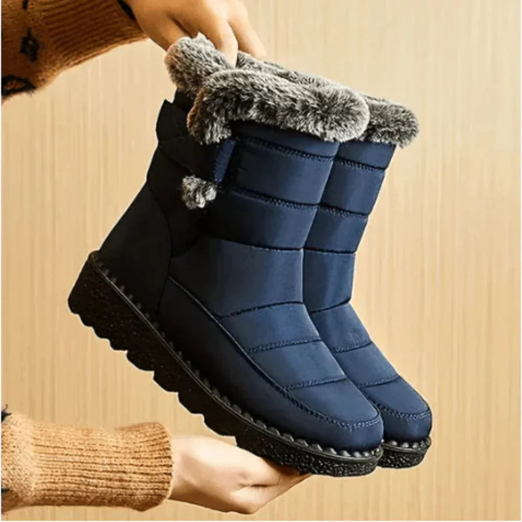 Women's Fur-Lined Snow Boots in Blue, Grey & Black for Winter Walks | Waterproof Slip-On Ankle Boots with Non-Slip Sole | Koossa