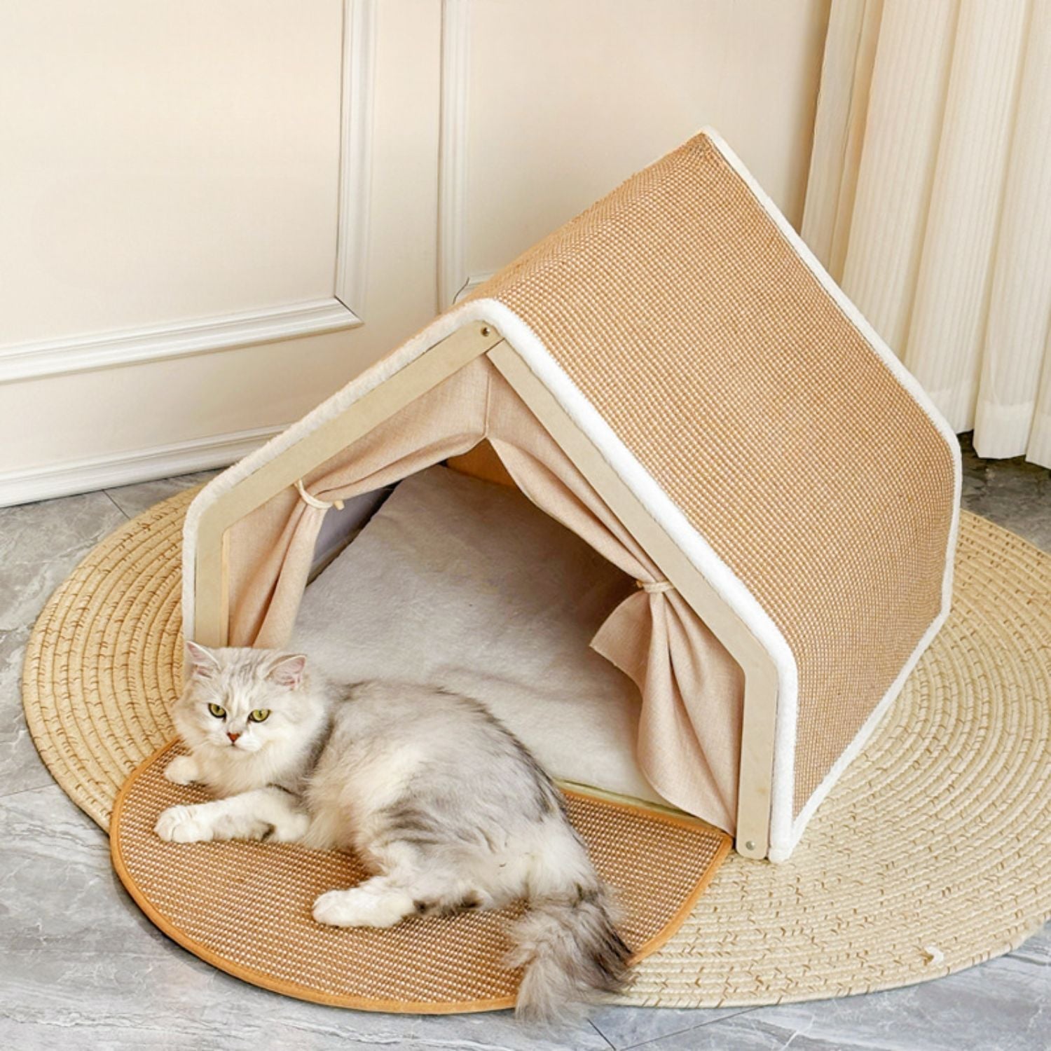 Cat House with Scratching Roof Sisal Wooden Indoor Cat Bed Cave Hideaway Warm Cushion Small Medium Large Kitten Furniture Cosy Villa | Koossa