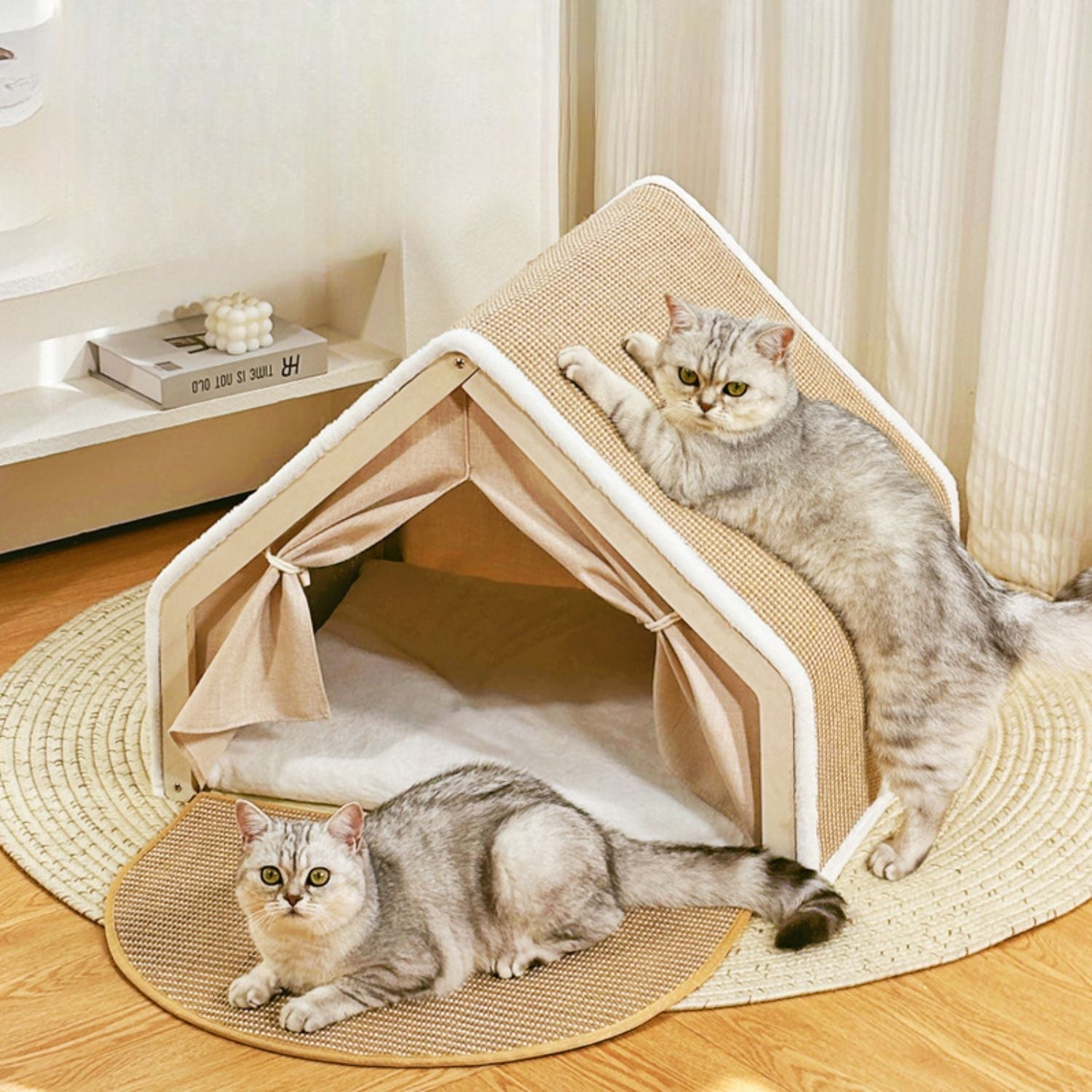 Cat House with Scratching Roof Sisal Wooden Indoor Cat Bed Cave Hideaway Warm Cushion Small Medium Large Kitten Furniture Cosy Villa | Koossa