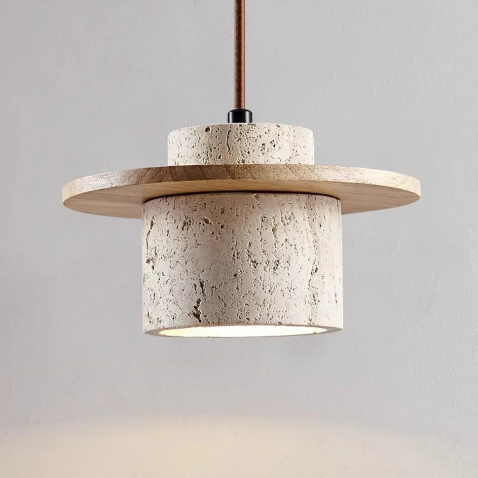 Suspension LED en travertine naturelle et bois design japonais minimaliste éclairage chaleureux salon chambre | Koossa