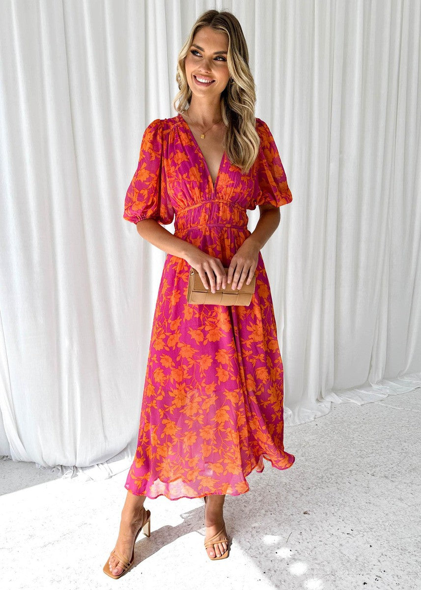 Women's Floral V-Neck Maxi Dress in Orange – Elegant Wedding Guest & Garden Party Dress with Flowing Silhouette and Bold Botanical Print | Koossa