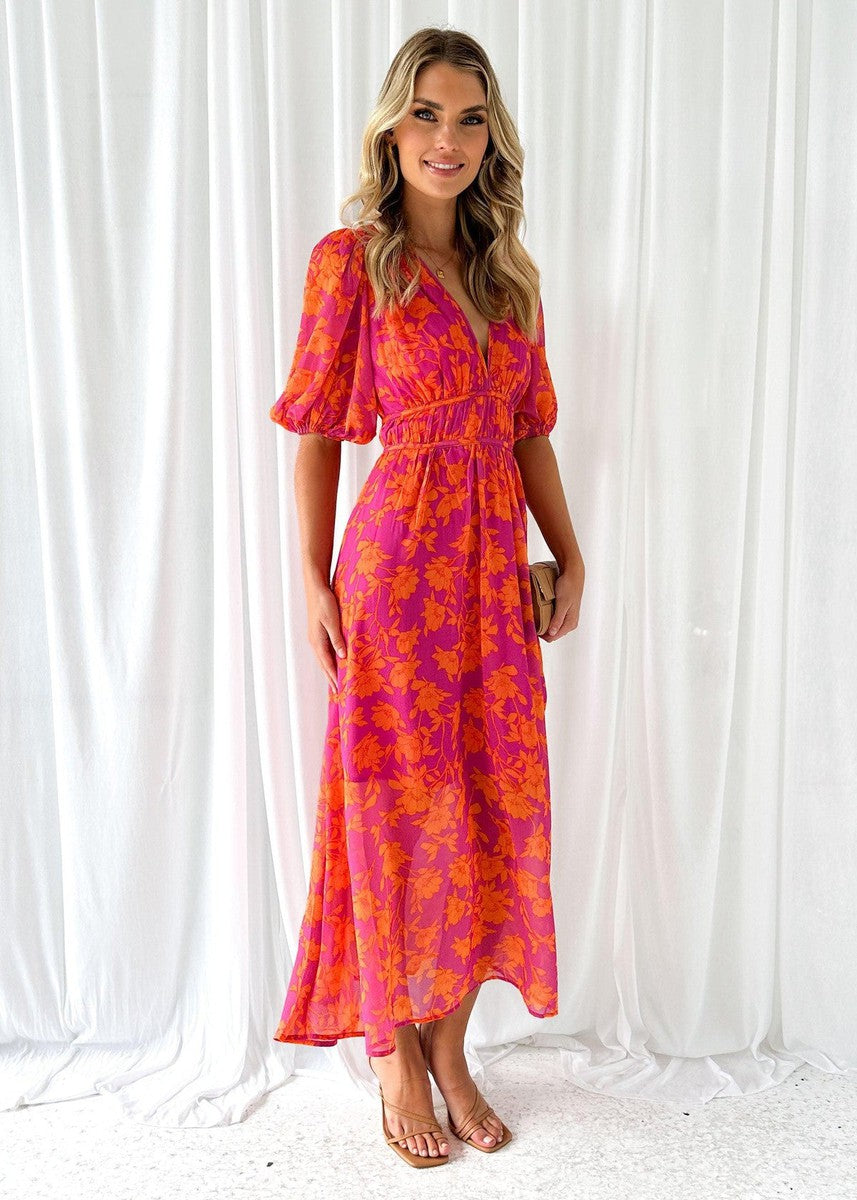 Women's Floral V-Neck Maxi Dress in Orange – Elegant Wedding Guest & Garden Party Dress with Flowing Silhouette and Bold Botanical Print | Koossa