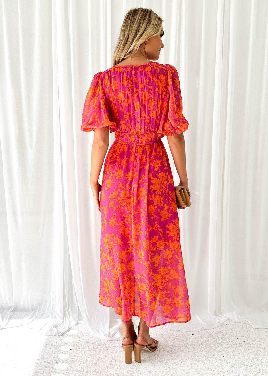 Women's Floral V-Neck Maxi Dress in Orange – Elegant Wedding Guest & Garden Party Dress with Flowing Silhouette and Bold Botanical Print | Koossa
