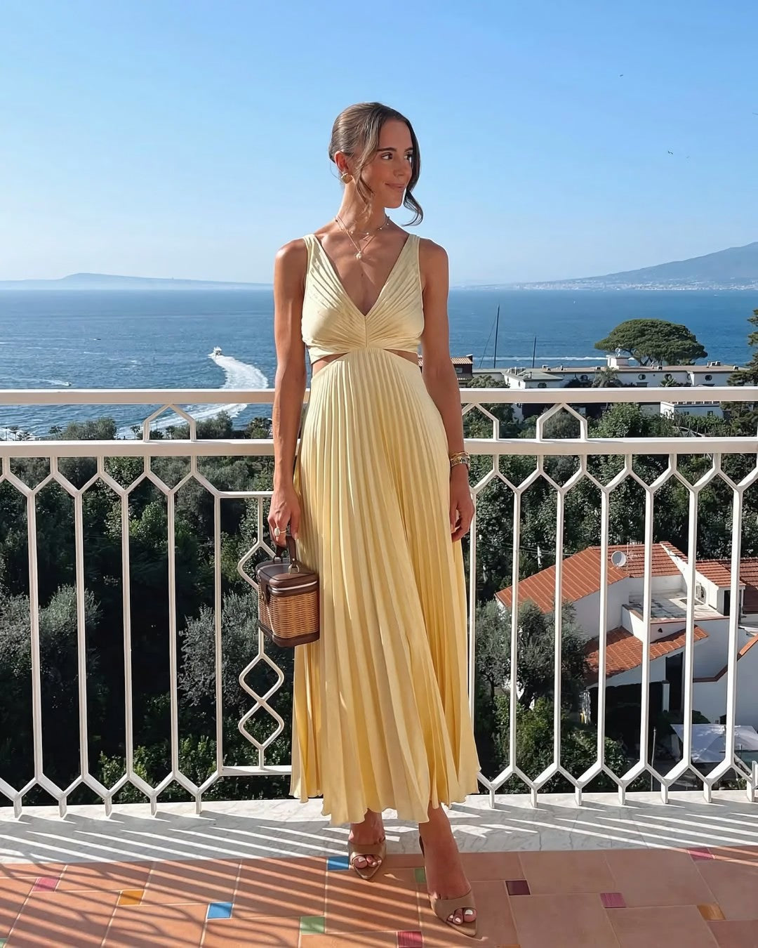 Women's Pleated Midi Dress with Cutout Waist Detail in Five Colours for Weddings and Celebrations | Koossa