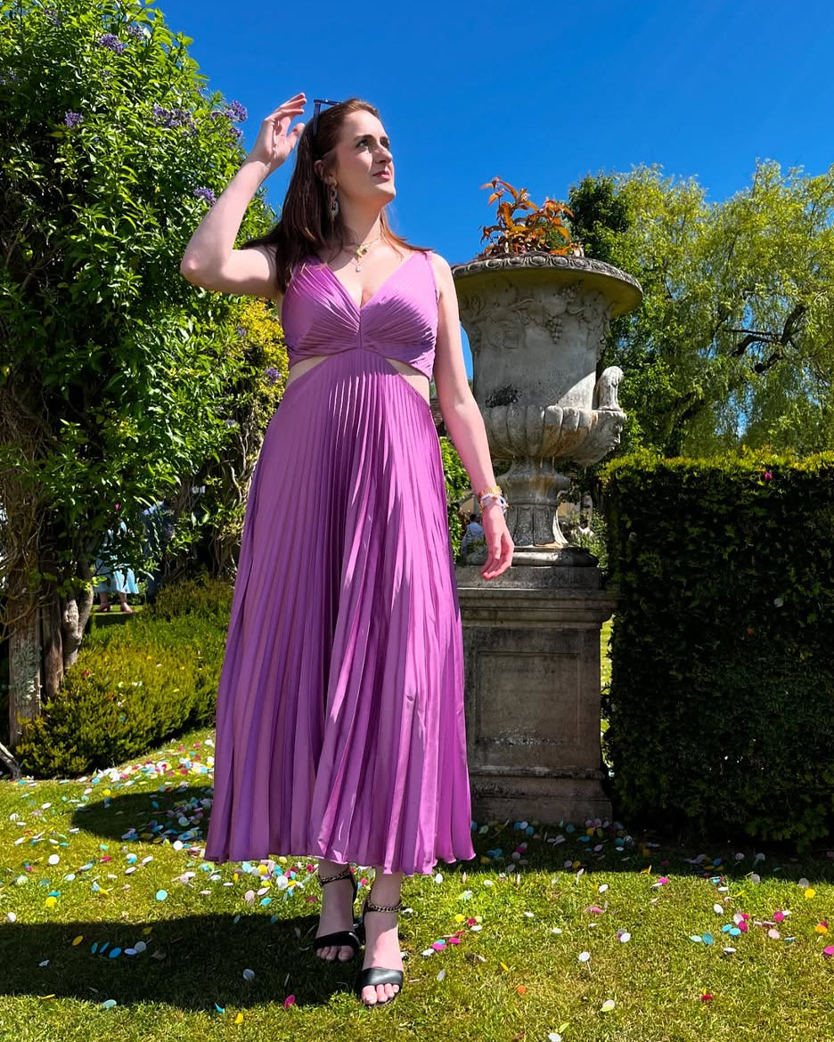 Women's Pleated Midi Dress with Cutout Waist Detail in Five Colours for Weddings and Celebrations | Koossa
