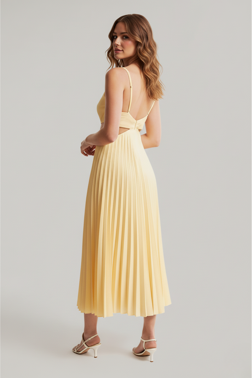 Women's Pleated Midi Dress with Cutout Waist Detail in Five Colours for Weddings and Celebrations | Koossa