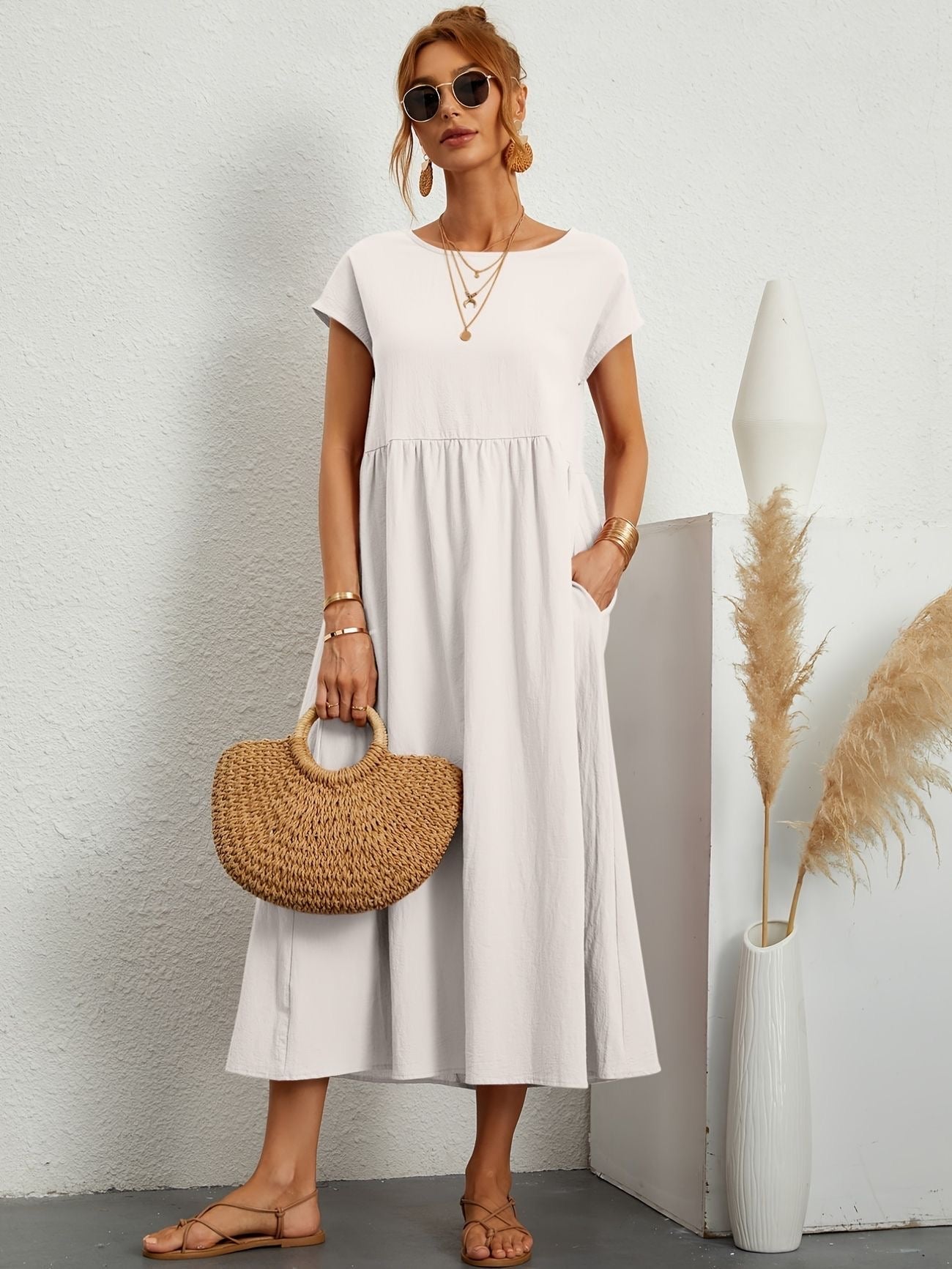 Women's Relaxed Fit Midi Dress with Pockets in Classic Solid Colours — Effortless Day-to-Evening Summer Staple with Short Sleeves and Flattering Loose Silhouette | Koossa