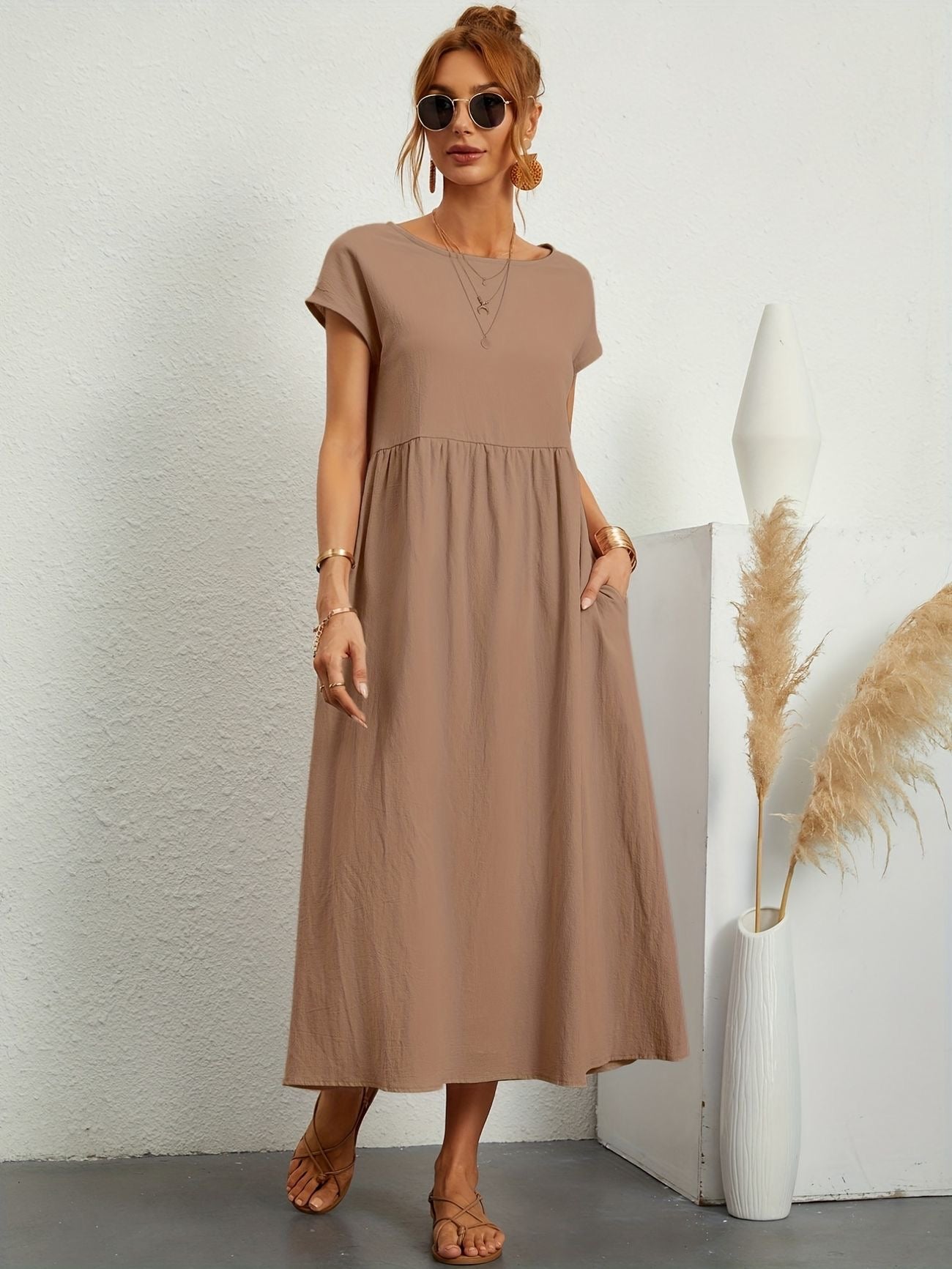 Women's Relaxed Fit Midi Dress with Pockets in Classic Solid Colours — Effortless Day-to-Evening Summer Staple with Short Sleeves and Flattering Loose Silhouette | Koossa