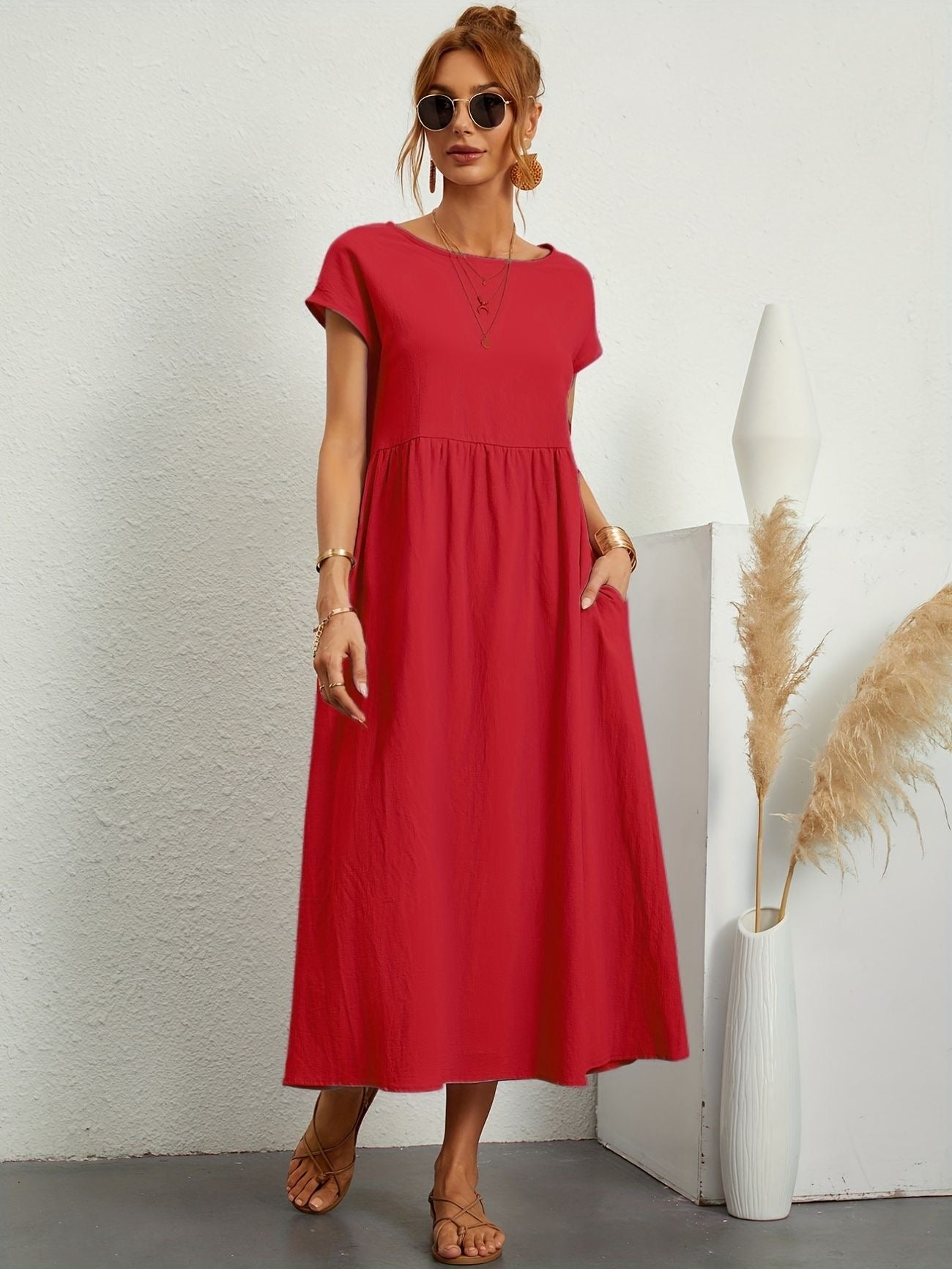 Women's Relaxed Fit Midi Dress with Pockets in Classic Solid Colours — Effortless Day-to-Evening Summer Staple with Short Sleeves and Flattering Loose Silhouette | Koossa