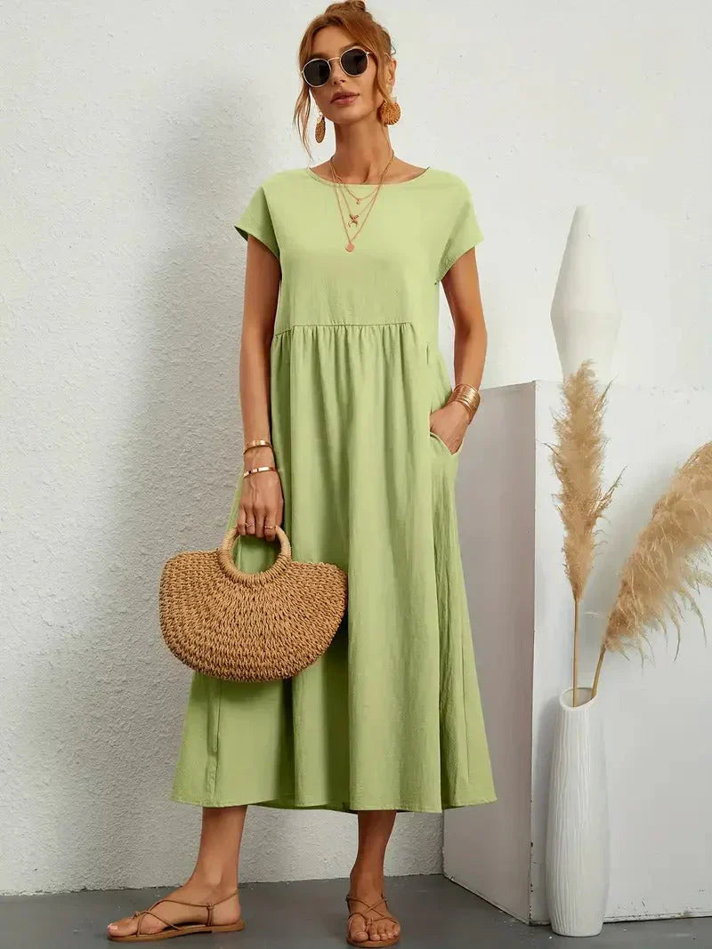 Women's Relaxed Fit Midi Dress with Pockets in Classic Solid Colours — Effortless Day-to-Evening Summer Staple with Short Sleeves and Flattering Loose Silhouette | Koossa
