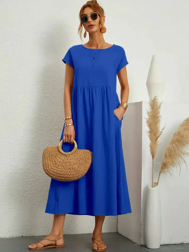 Women's Relaxed Fit Midi Dress with Pockets in Classic Solid Colours — Effortless Day-to-Evening Summer Staple with Short Sleeves and Flattering Loose Silhouette | Koossa