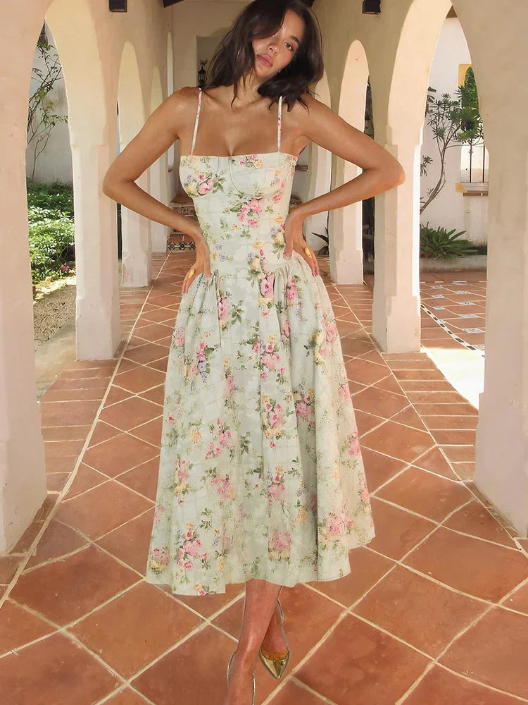 Women's Floral Strap Midi Dress in Green for Wedding Guests and Garden Parties | Lightweight Summer Occasion Dress with Fitted Bodice and Flowing Skirt | Koossa
