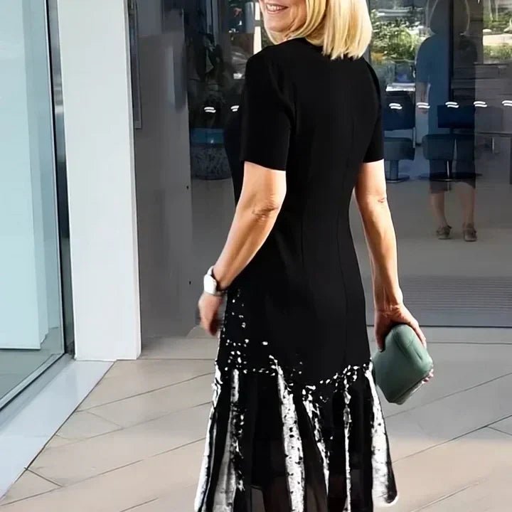 Women's Midi Dress with Abstract Monochrome Print and Relaxed A-Line Silhouette for Effortless Summer Occasions | Koossa