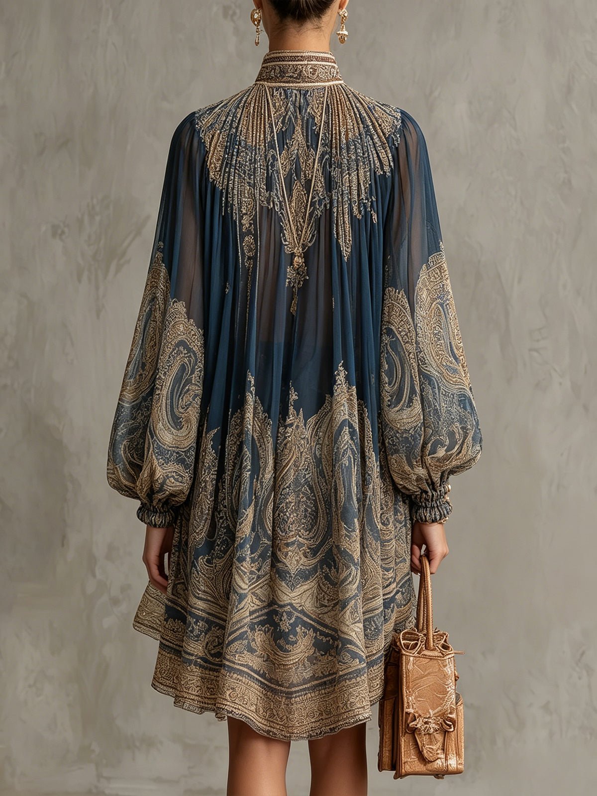 Women's Ornate Print High-Neck Chiffon Dress with Asymmetric Hem Navy Blue Baroque Party Evening Flowing Sleeves Elegant Occasion | Koossa