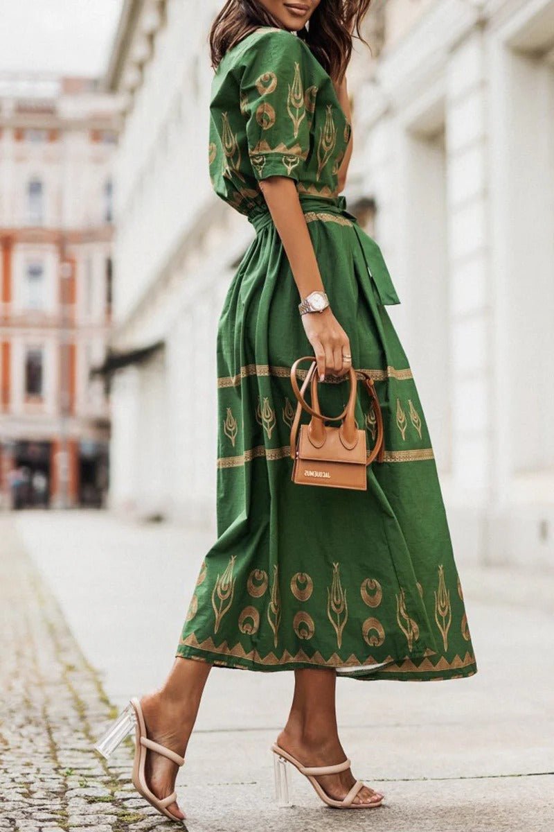 Belted Geometric Print Midi Dress in Flowing A-Line Silhouette with Three-Quarter Sleeves for Garden Parties Spring Occasions | Koossa