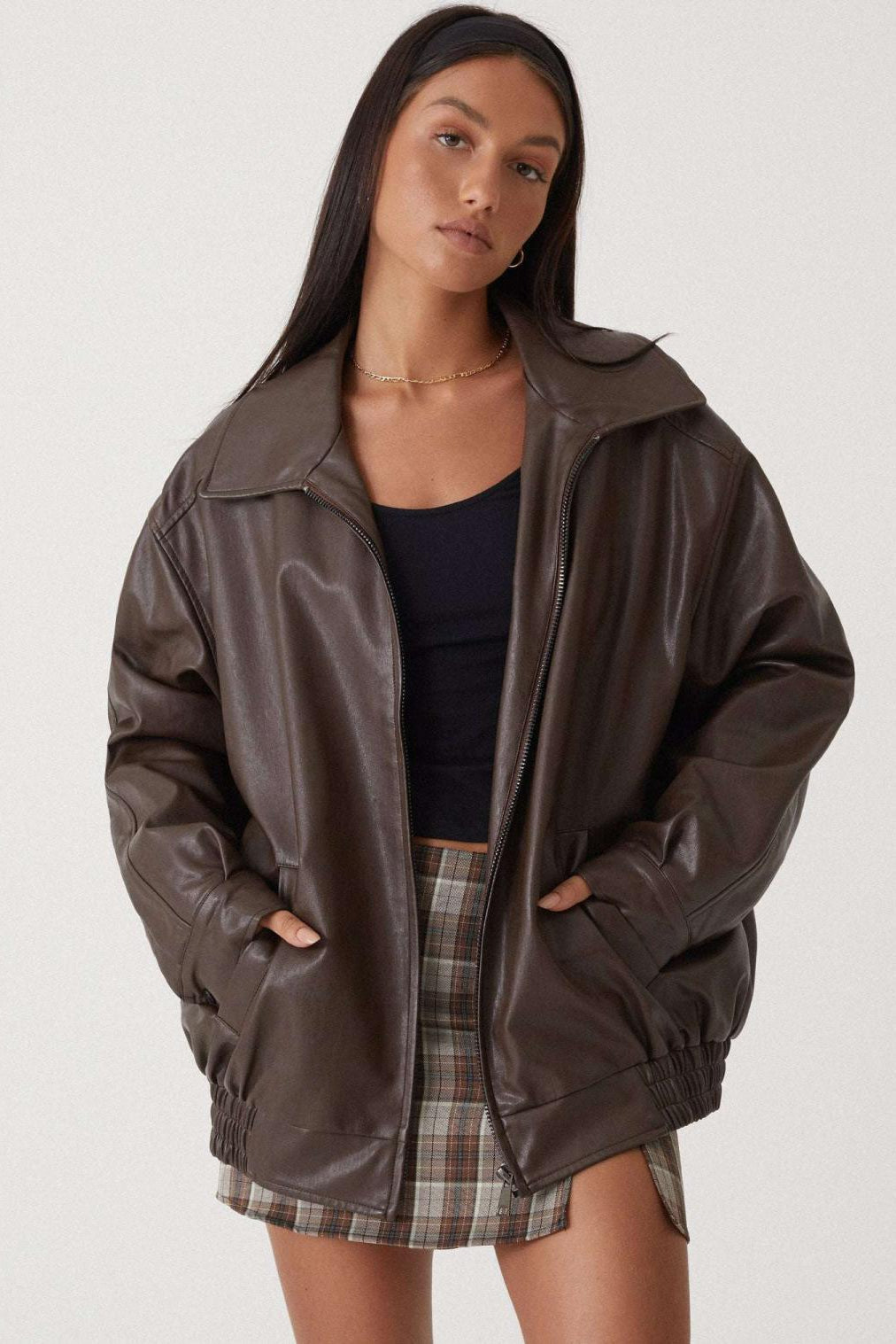 Oversized Faux Leather Jacket in Brown & Black with Wide Collar | Koossa