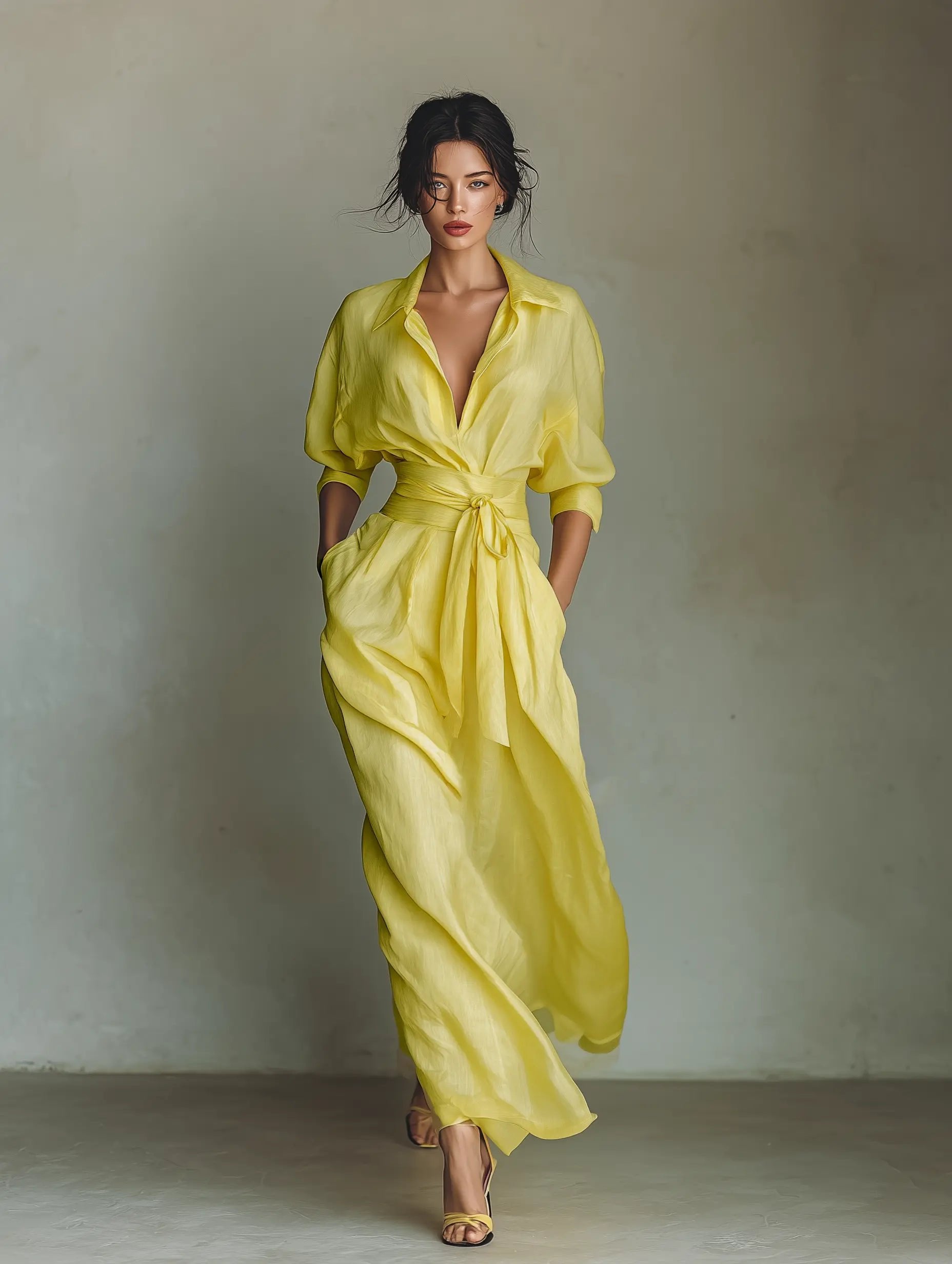 Women's Cotton-Linen Wrap Maxi Shirt Dress with Plunging Neckline in Yellow – Effortless Elegance for Warm-Weather Occasions, Garden Parties, and Summer Weddings | Koossa