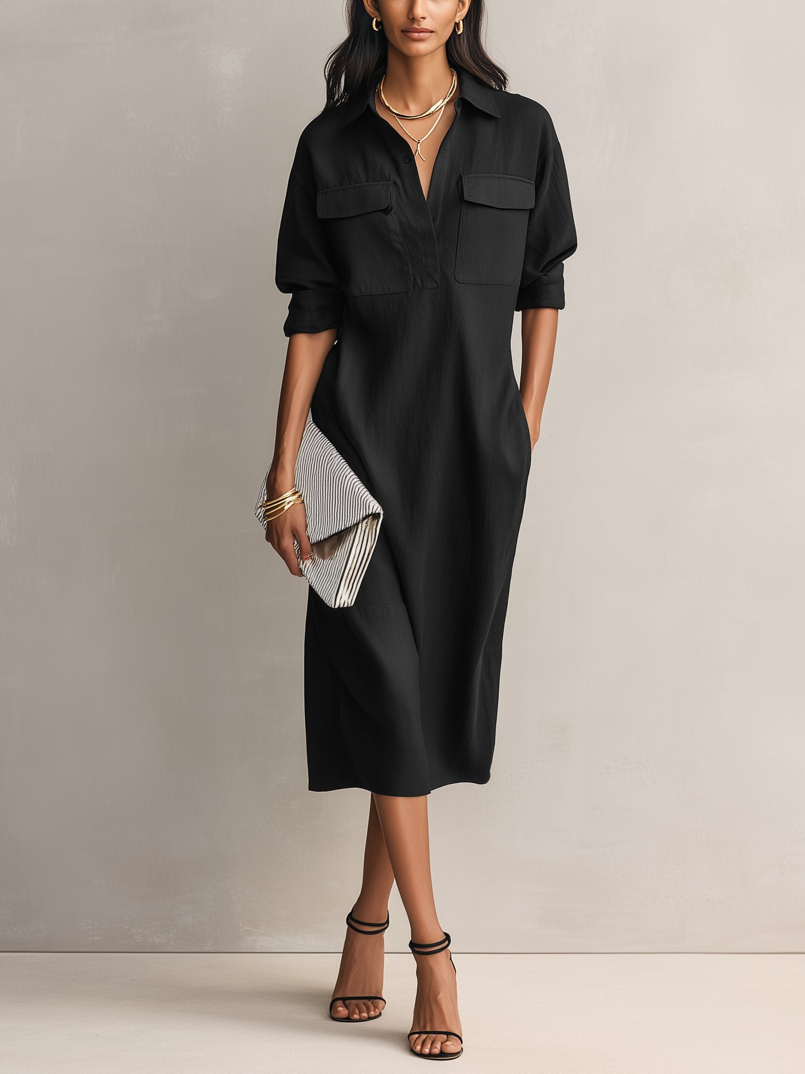 Women's Shirt Dress in Black Linen Blend – Midi Length with V-Neckline, Chest Pockets, and Rolled Sleeves for Relaxed Elegance | Koossa
