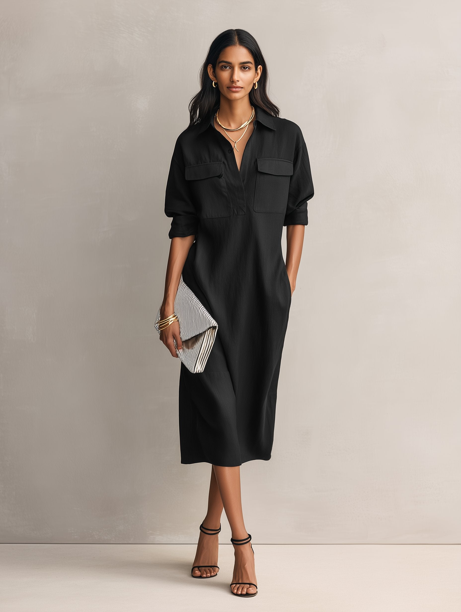 Women's Shirt Dress in Black Linen Blend – Midi Length with V-Neckline, Chest Pockets, and Rolled Sleeves for Relaxed Elegance | Koossa