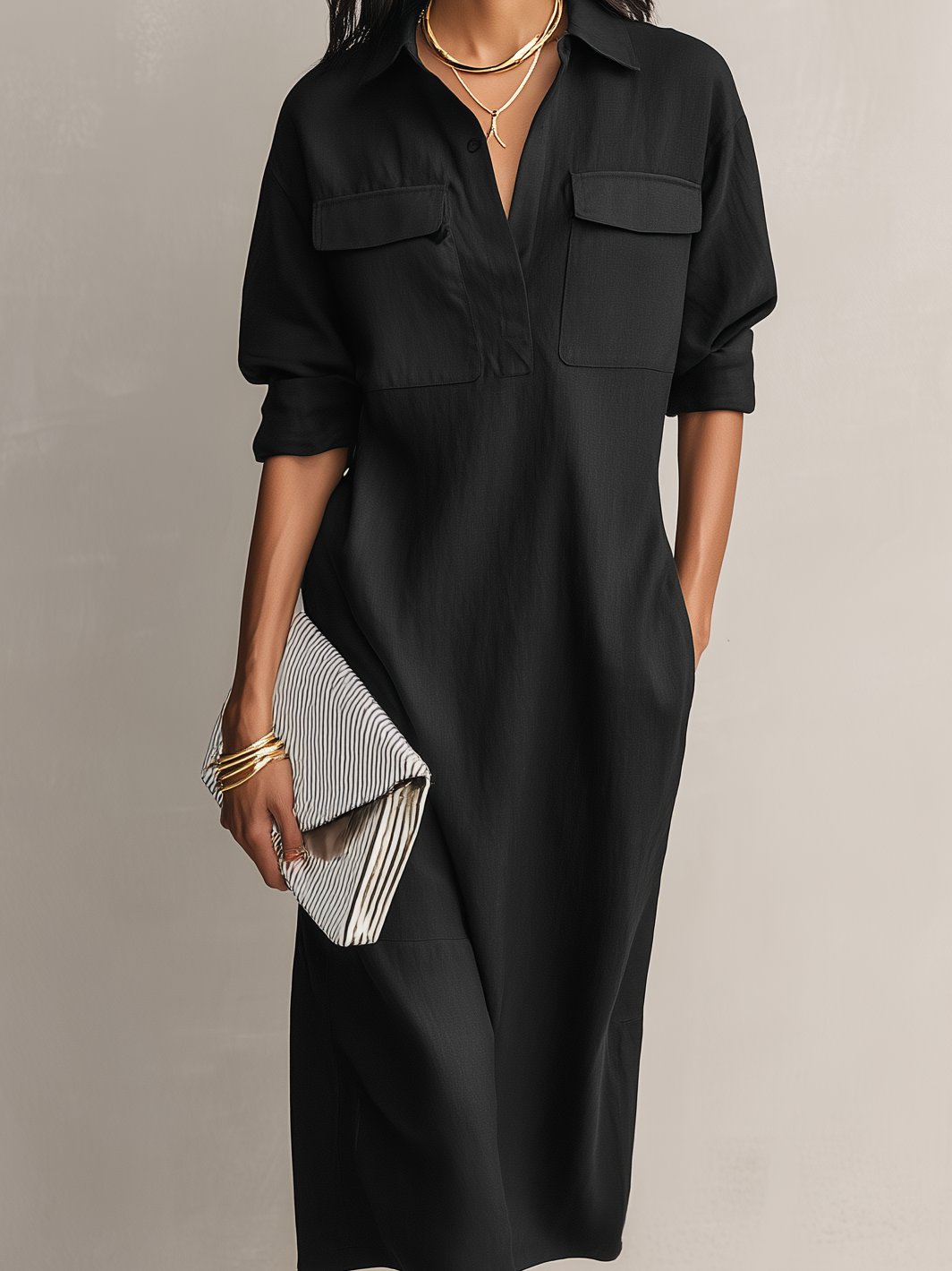 Women's Shirt Dress in Black Linen Blend – Midi Length with V-Neckline, Chest Pockets, and Rolled Sleeves for Relaxed Elegance | Koossa
