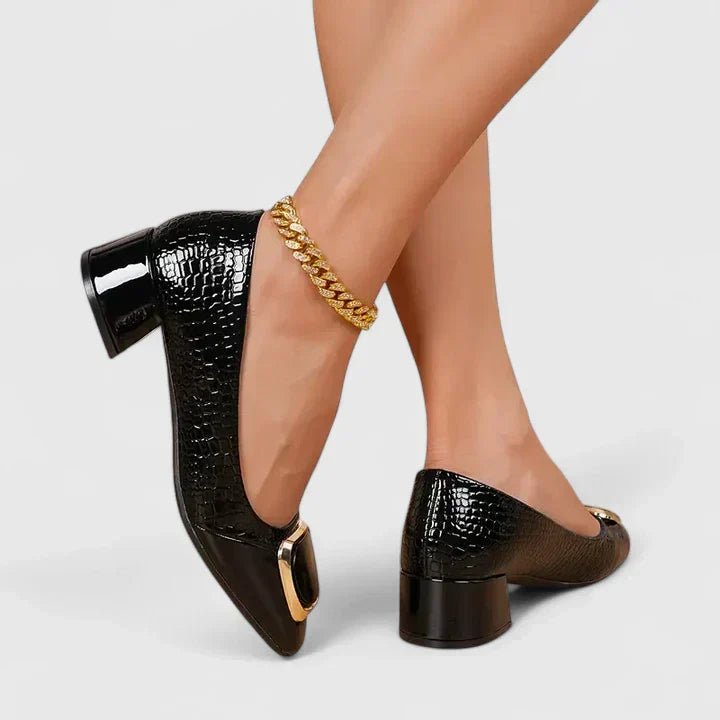 Women's Embossed Leather Loafers with Block Heel and Chain Trim | Koossa