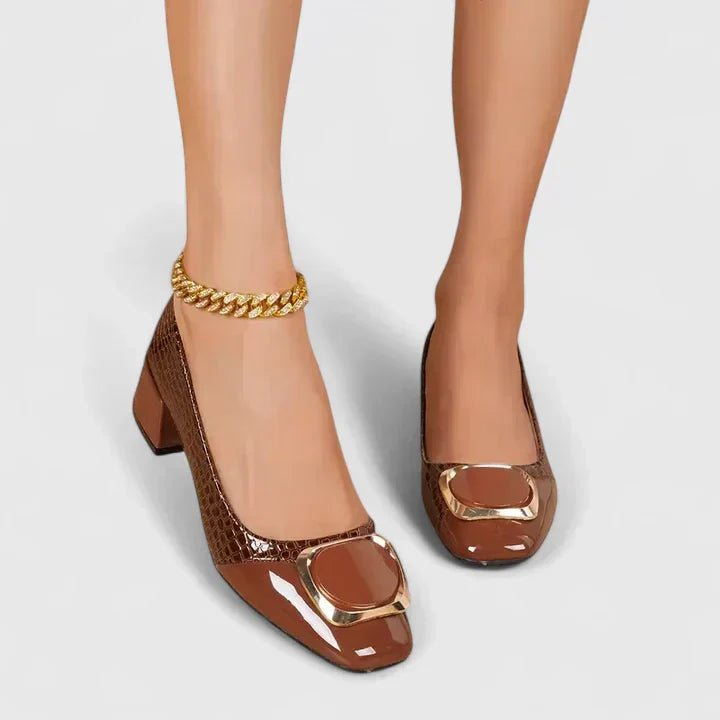 Women's Embossed Leather Loafers with Block Heel and Chain Trim | Koossa