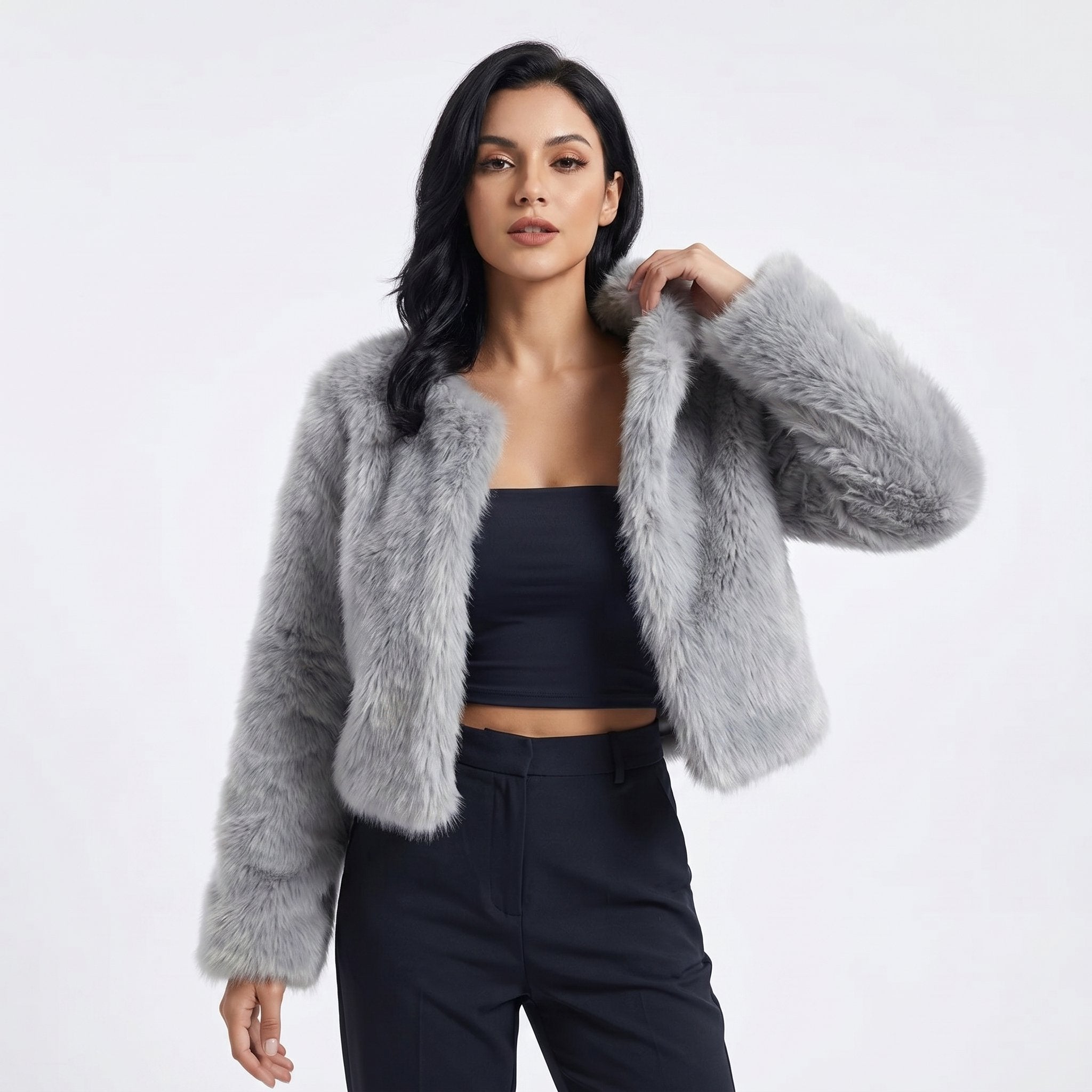 Cropped Faux Fur Jacket in Seven Colours for Elegant Winter Layering | Women's Short Plush Textured Cardigan Coat for Autumn Winter | Koossa
