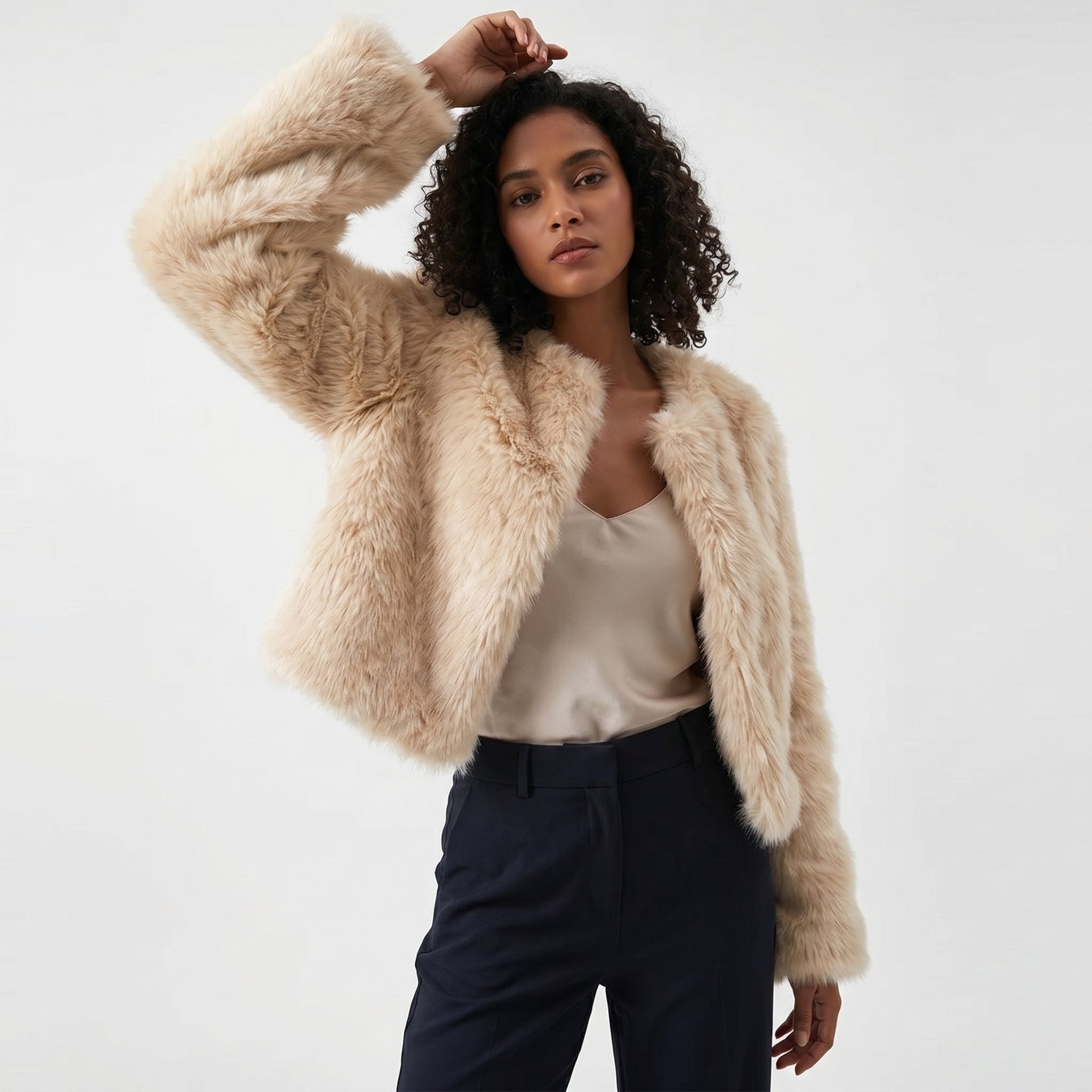 Cropped Faux Fur Jacket in Seven Colours for Elegant Winter Layering | Women's Short Plush Textured Cardigan Coat for Autumn Winter | Koossa