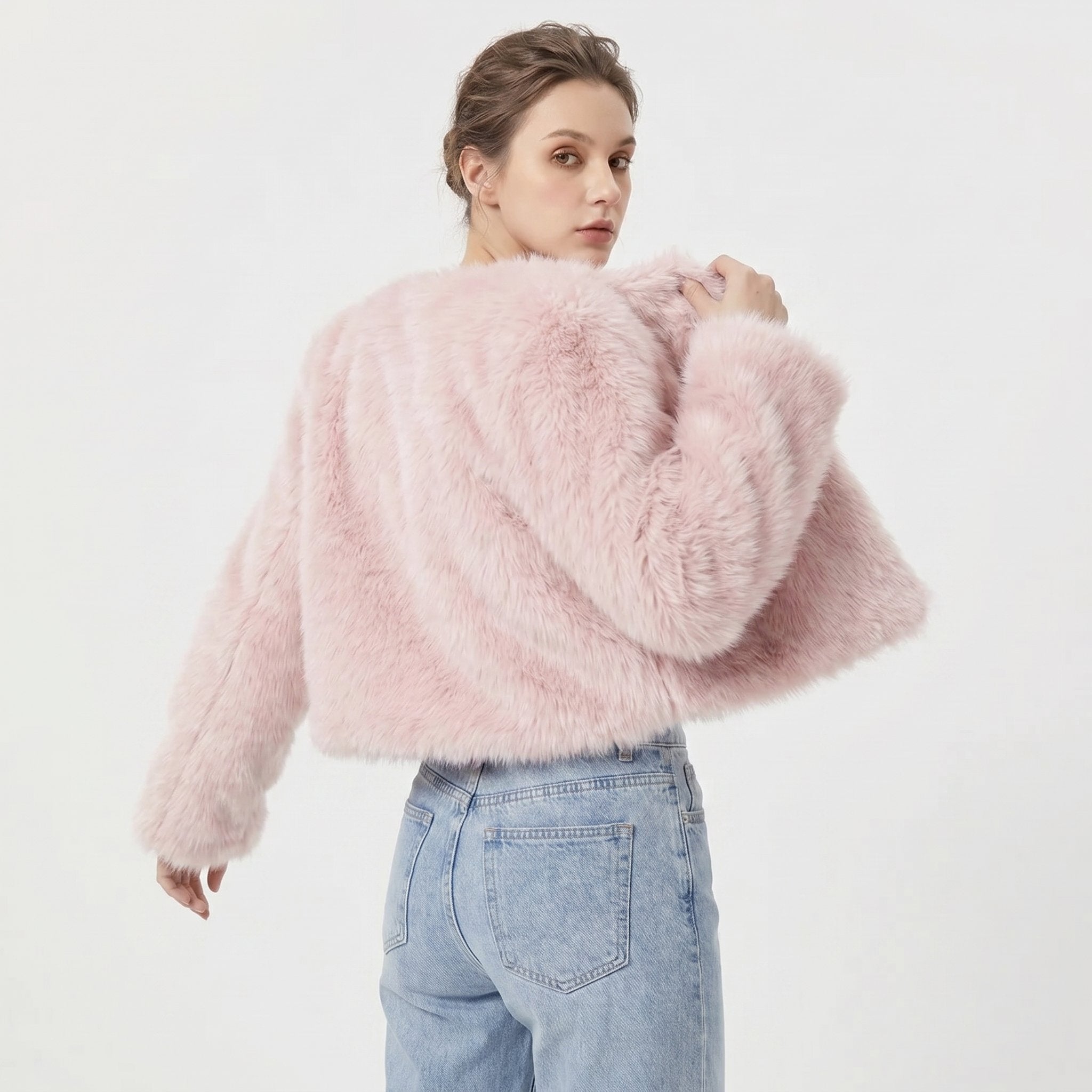 Cropped Faux Fur Jacket in Seven Colours for Elegant Winter Layering | Women's Short Plush Textured Cardigan Coat for Autumn Winter | Koossa