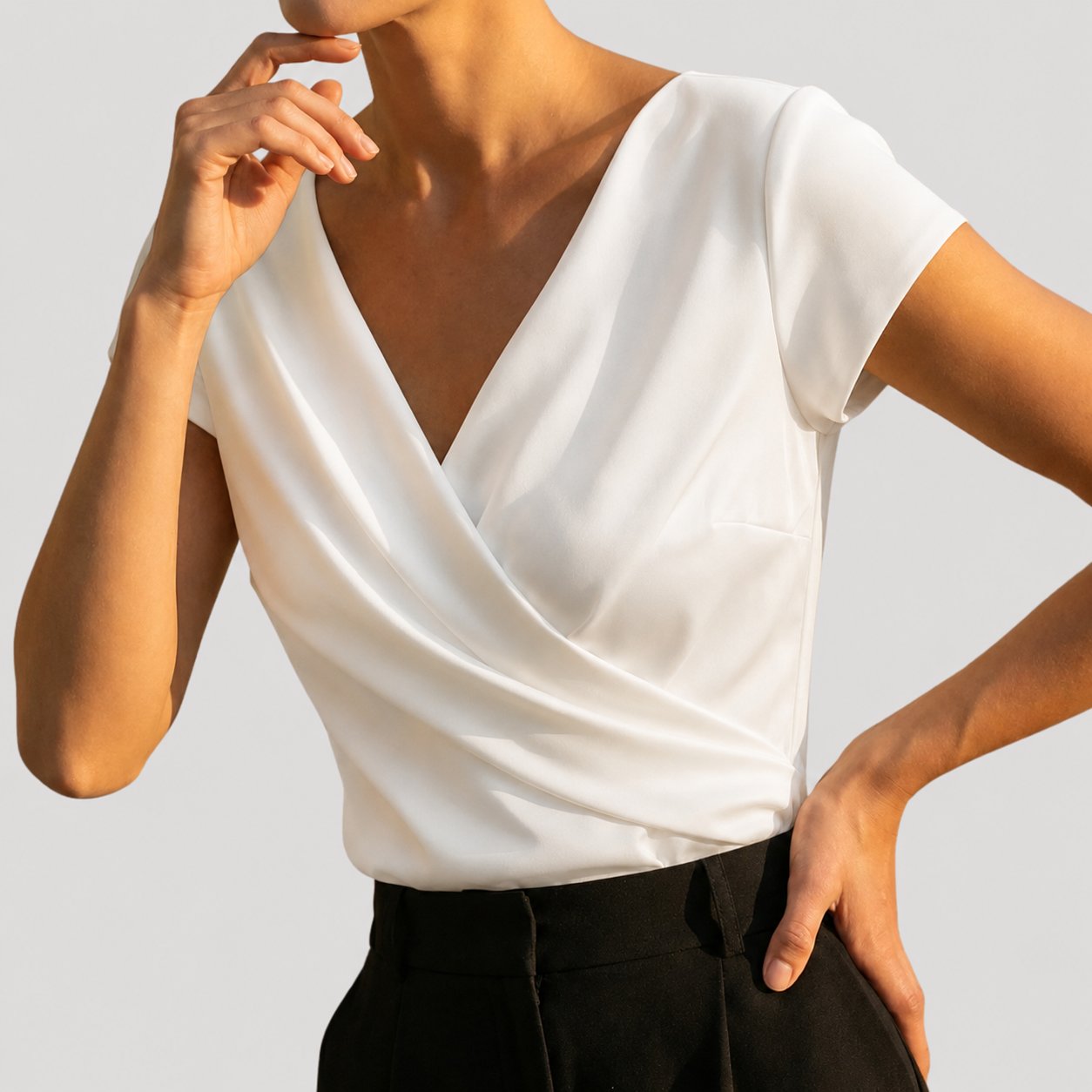 Women's Crossover V-Neck Blouse with Cap Sleeves in White and Khaki – Elegant Wrap Front Top for Smart-Casual and Occasion Wear | Koossa