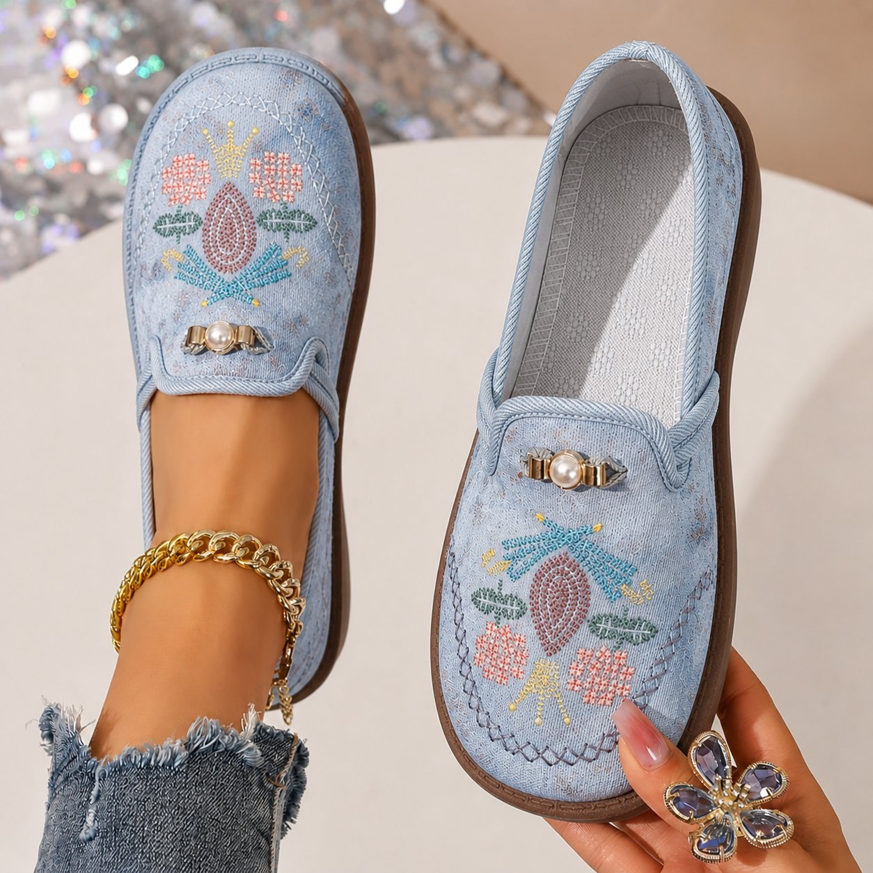 Pearl-Embellished Slip-On Loafers with Botanical Beadwork | Koossa