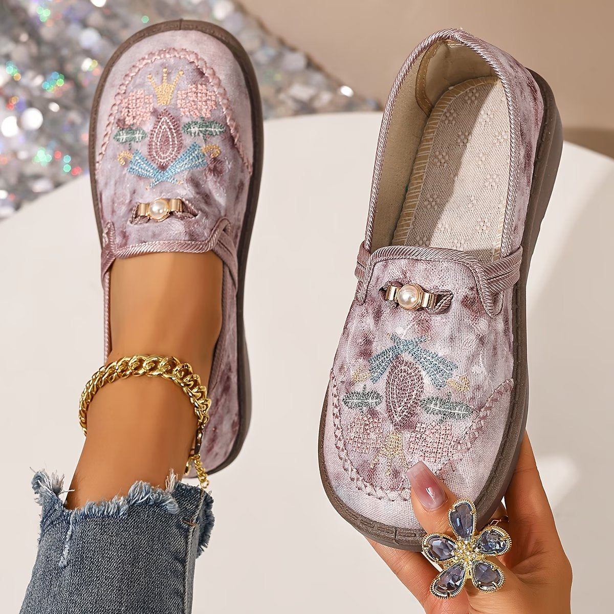 Pearl-Embellished Slip-On Loafers with Botanical Beadwork | Koossa