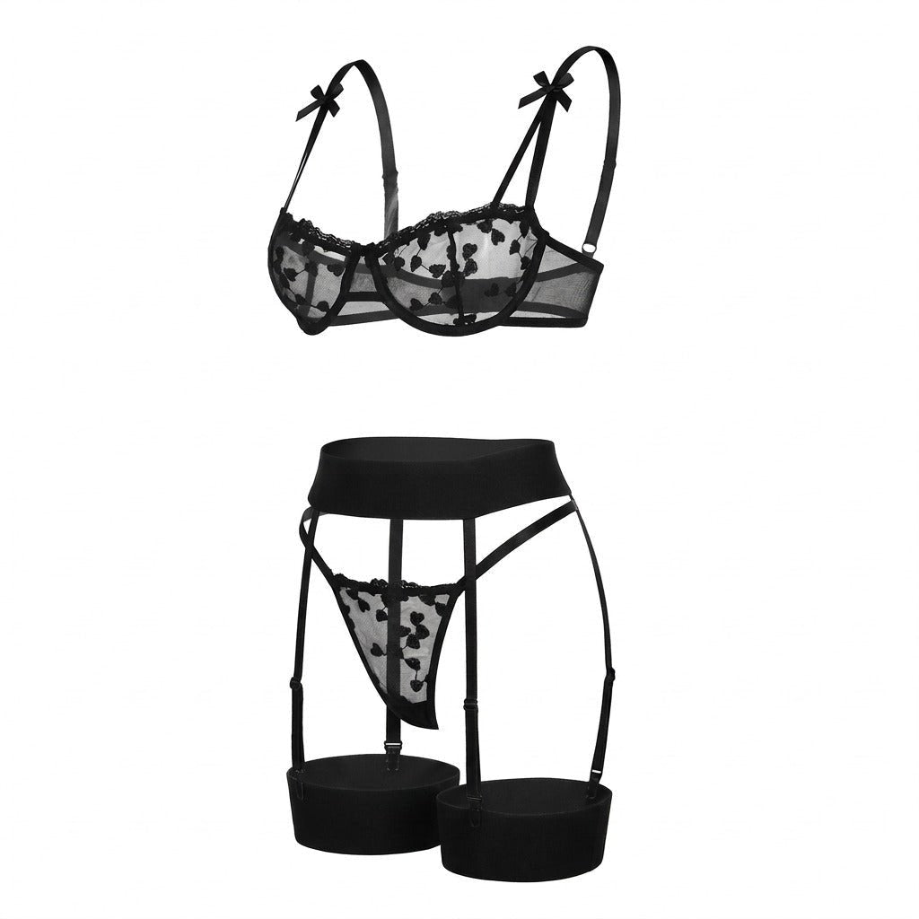 Floral Embroidered Mesh Lingerie Set Four-Piece Balconette Bra Thong Garter Belt Thigh Cuffs Delicate Sheer Intimate Wear | Koossa