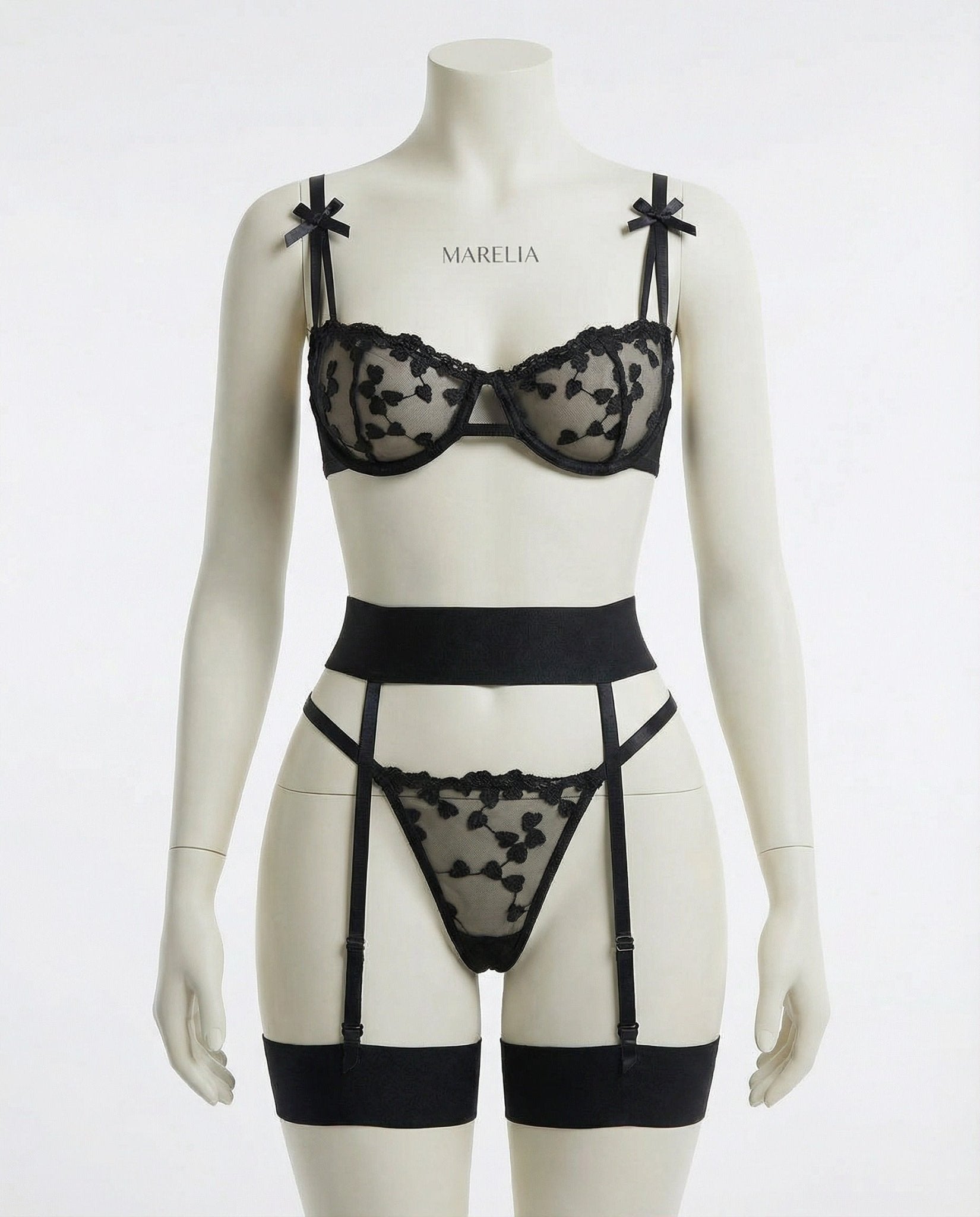 Floral Embroidered Mesh Lingerie Set Four-Piece Balconette Bra Thong Garter Belt Thigh Cuffs Delicate Sheer Intimate Wear | Koossa
