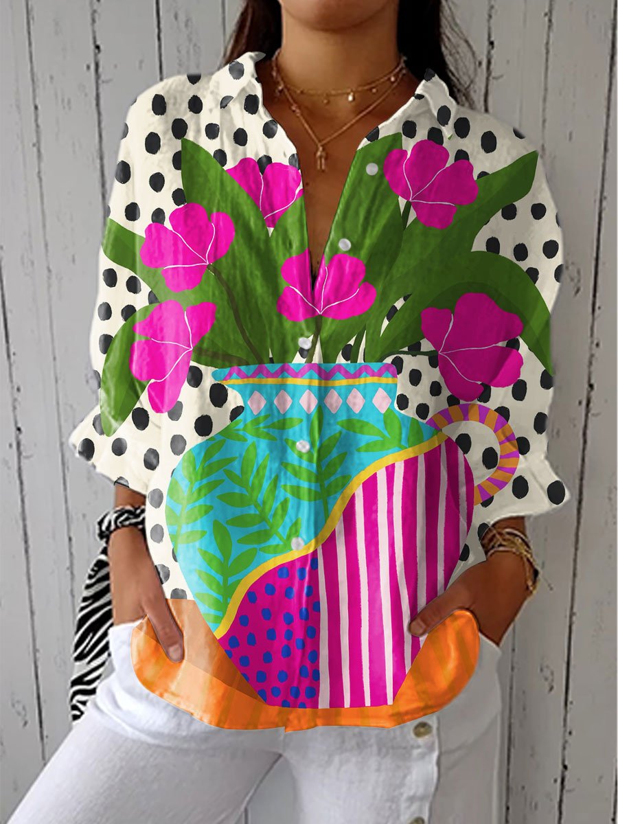 Printed Long-Sleeve Shirt with Button Front in Multicolour | Artistic Floral Bouquet Print Relaxed Fit Blouse with Polka Dot Detail Spring Summer Casual Styling UK Sizes S to 3XL | Koossa