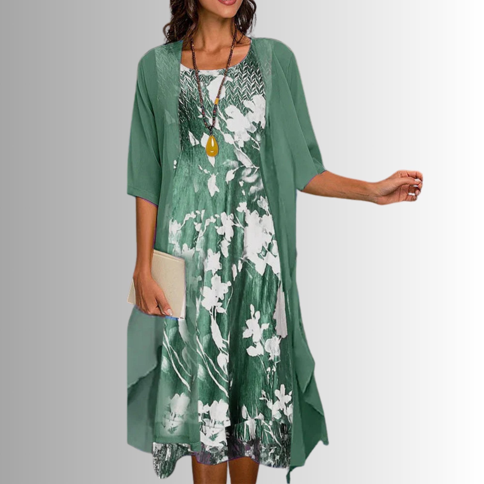 Women's Botanical Print Dress and Cardigan Two-Piece Set with Three-Quarter Sleeves for Garden Parties and Spring Occasions | Koossa