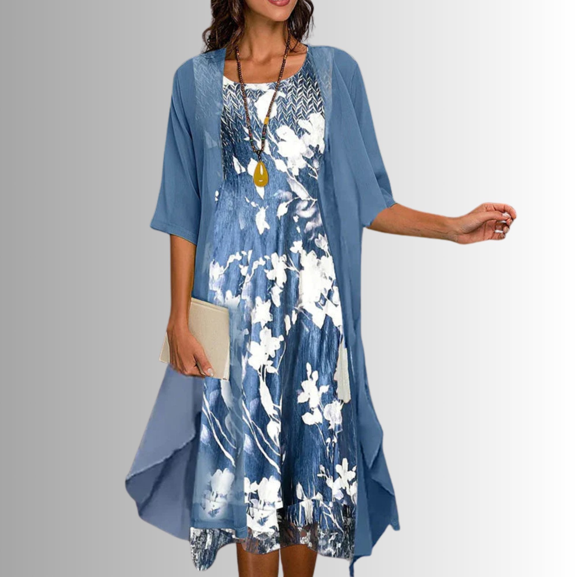 Women's Botanical Print Dress and Cardigan Two-Piece Set with Three-Quarter Sleeves for Garden Parties and Spring Occasions | Koossa