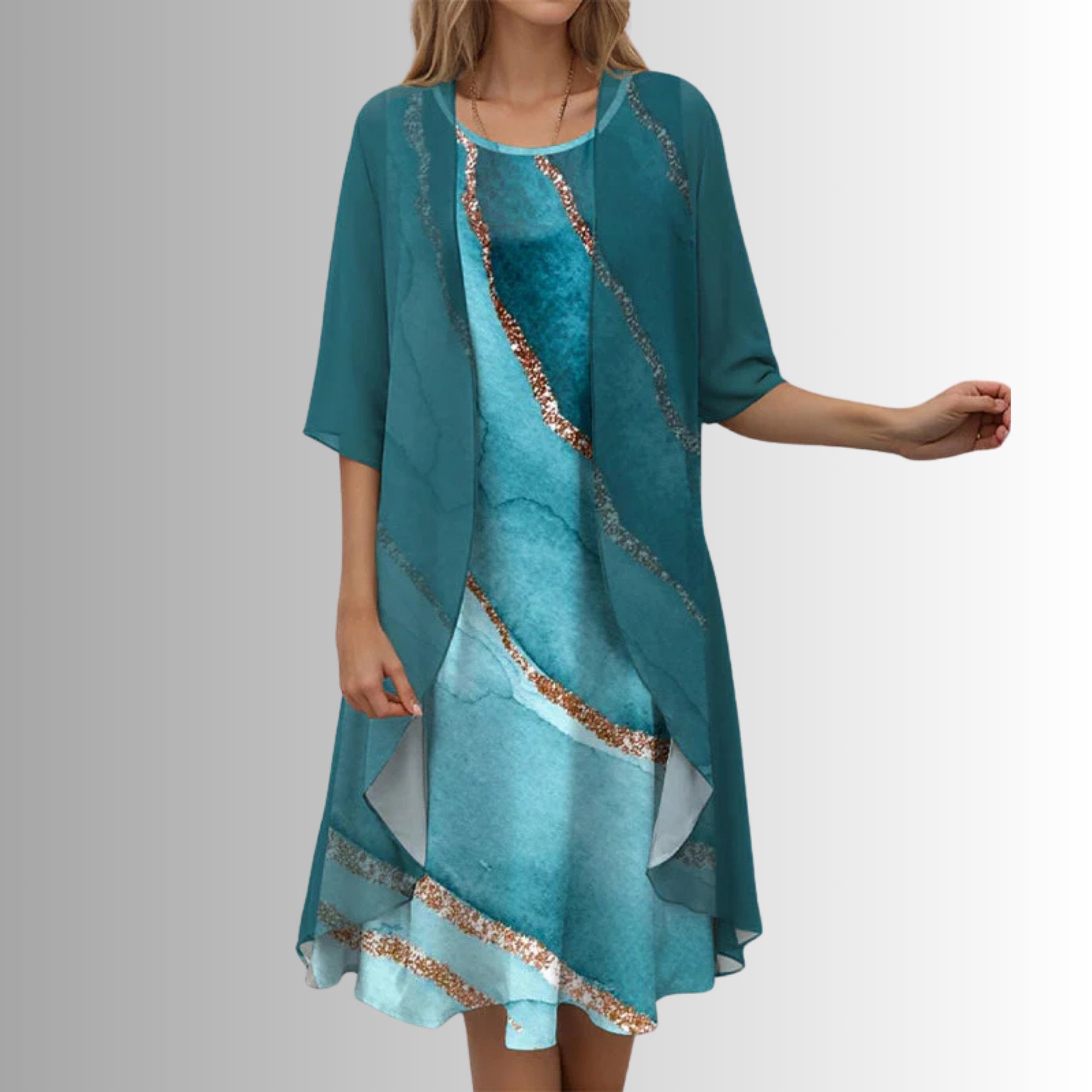 Women's Botanical Print Dress and Cardigan Two-Piece Set with Three-Quarter Sleeves for Garden Parties and Spring Occasions | Koossa