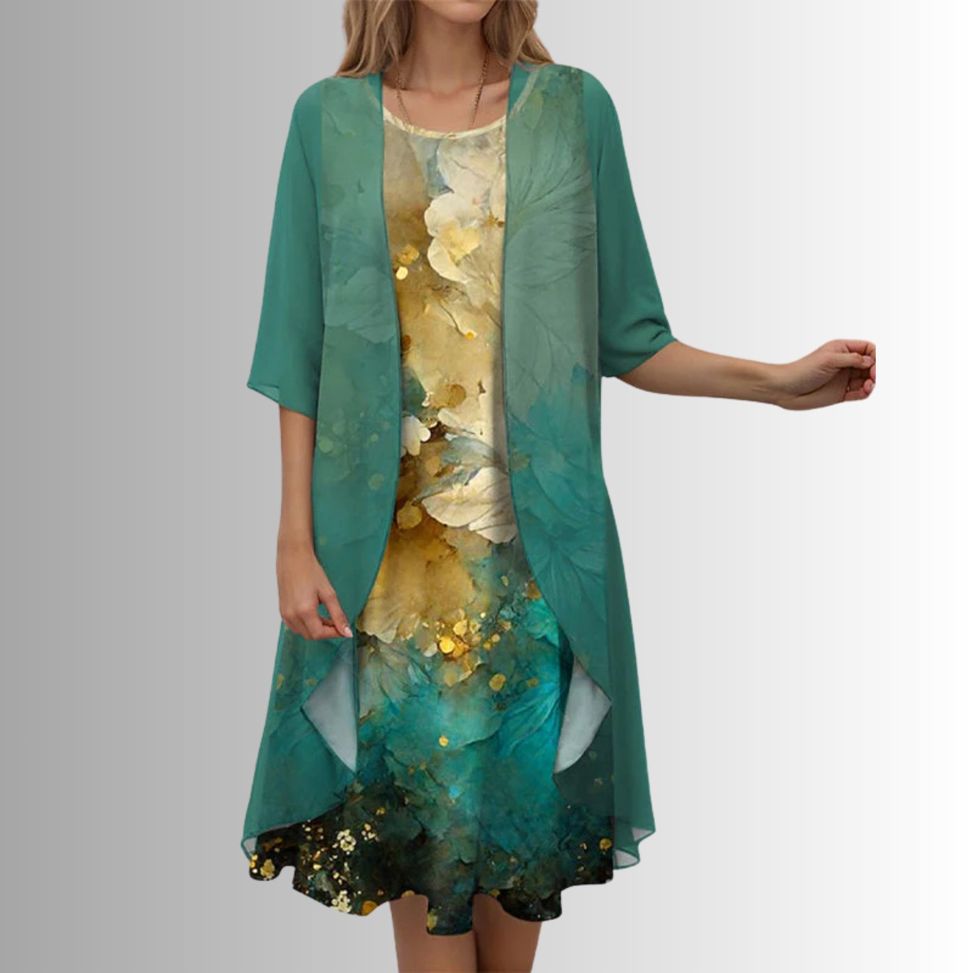 Women's Botanical Print Dress and Cardigan Two-Piece Set with Three-Quarter Sleeves for Garden Parties and Spring Occasions | Koossa