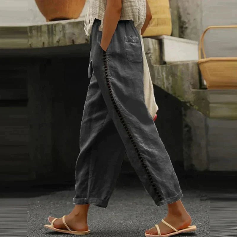 Women's High-Waisted Tapered Trousers with Decorative Side Buttons in Linen-Look Fabric | Koossa